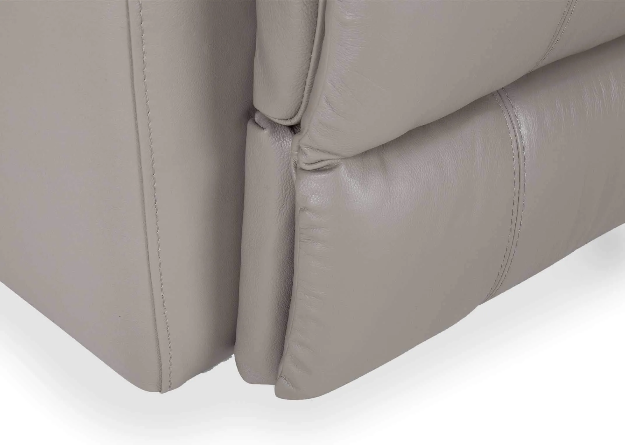 A 2 Seater reclining sofa in soft grey leather from EZ Living Furniture's Groove range. Closeup bottom.