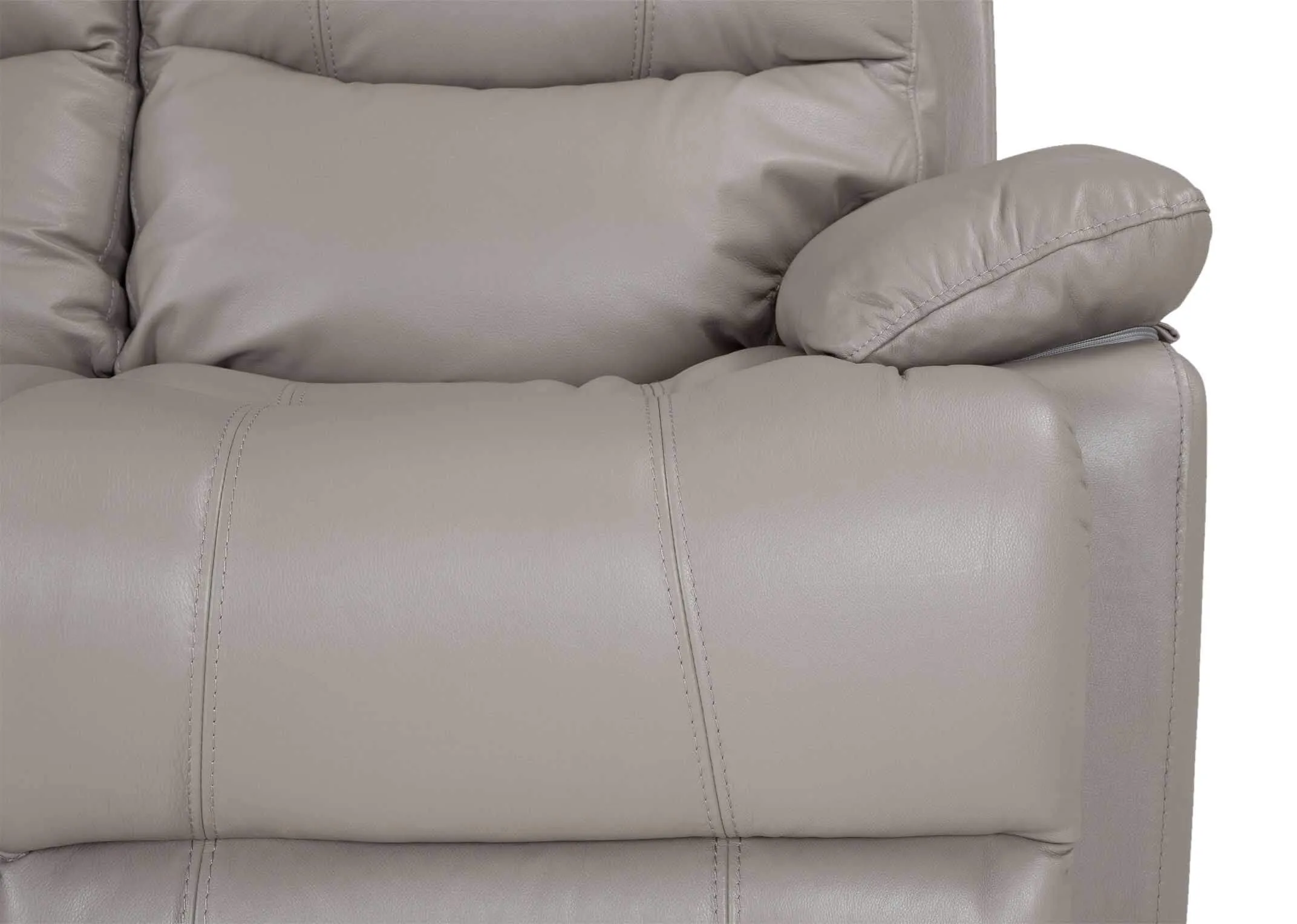 A 2 Seater reclining sofa in soft grey leather from EZ Living Furniture's Groove range. Closeup of Arm view.