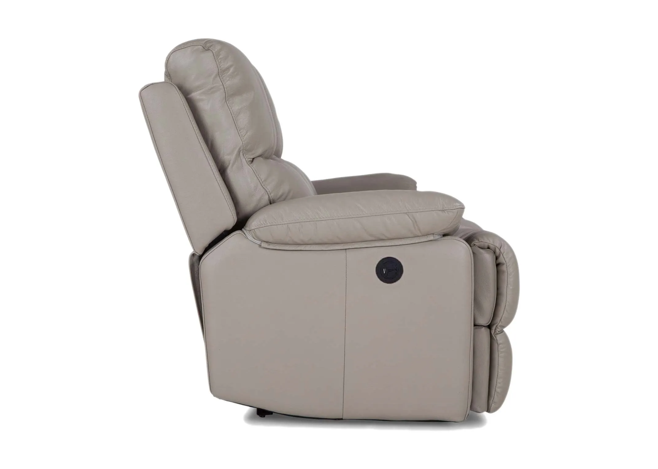 A 2 Seater reclining sofa in soft grey leather from EZ Living Furniture's Groove range. Side View no recline.
