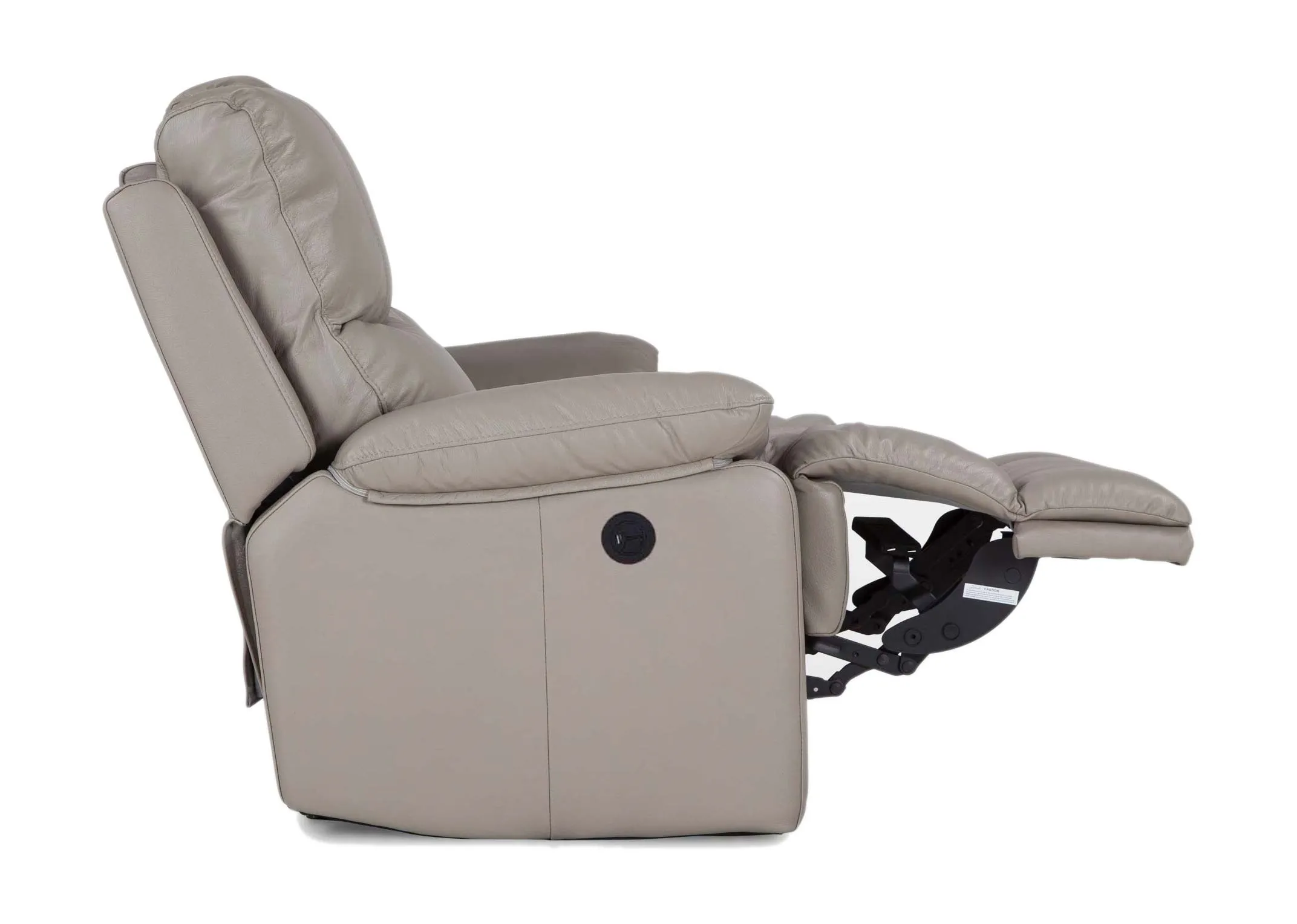 A 2 Seater reclining sofa in soft grey leather from EZ Living Furniture's Groove range. Side view of recline.