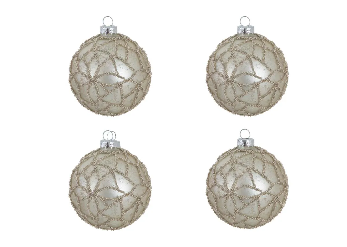 A set of 4 silver grey baubles from EZ Livings Christmas range. Front view of 4 baubles included in set.