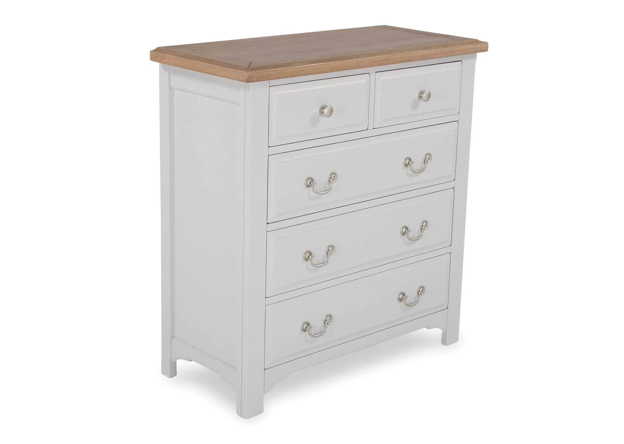 Angled view of two over three white Georgia chest of drawers with metallic handles