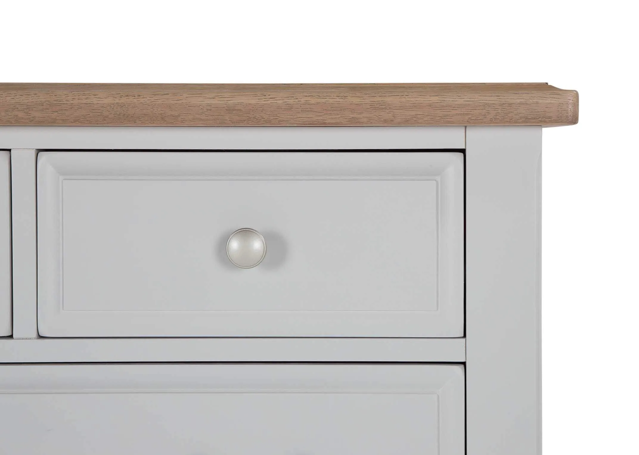Top corner view of two over three grey oak Georgia chest of drawers with metallic handles