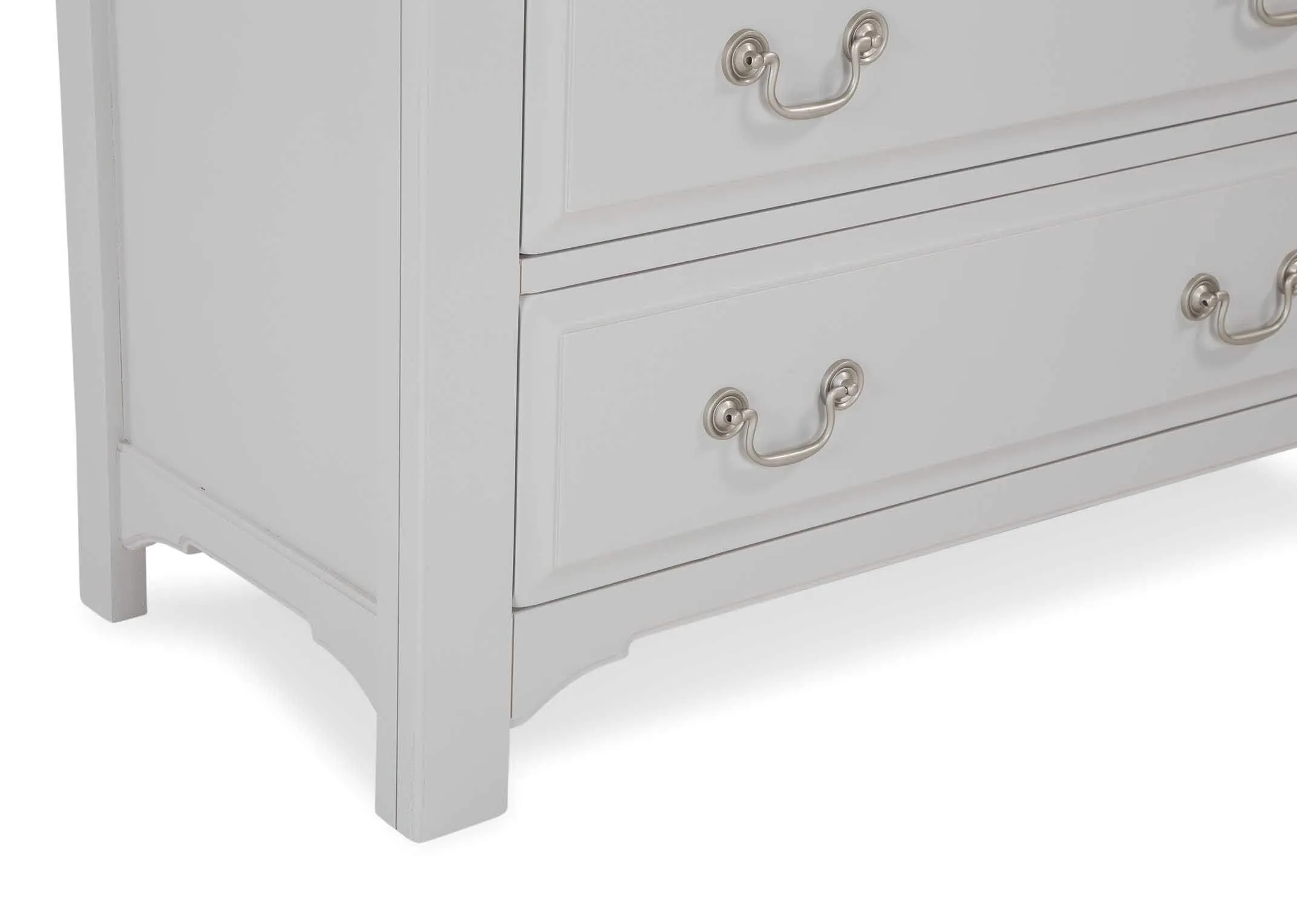 Zoom leg detail of two over three grey oak Georgia chest of drawers with metallic handles