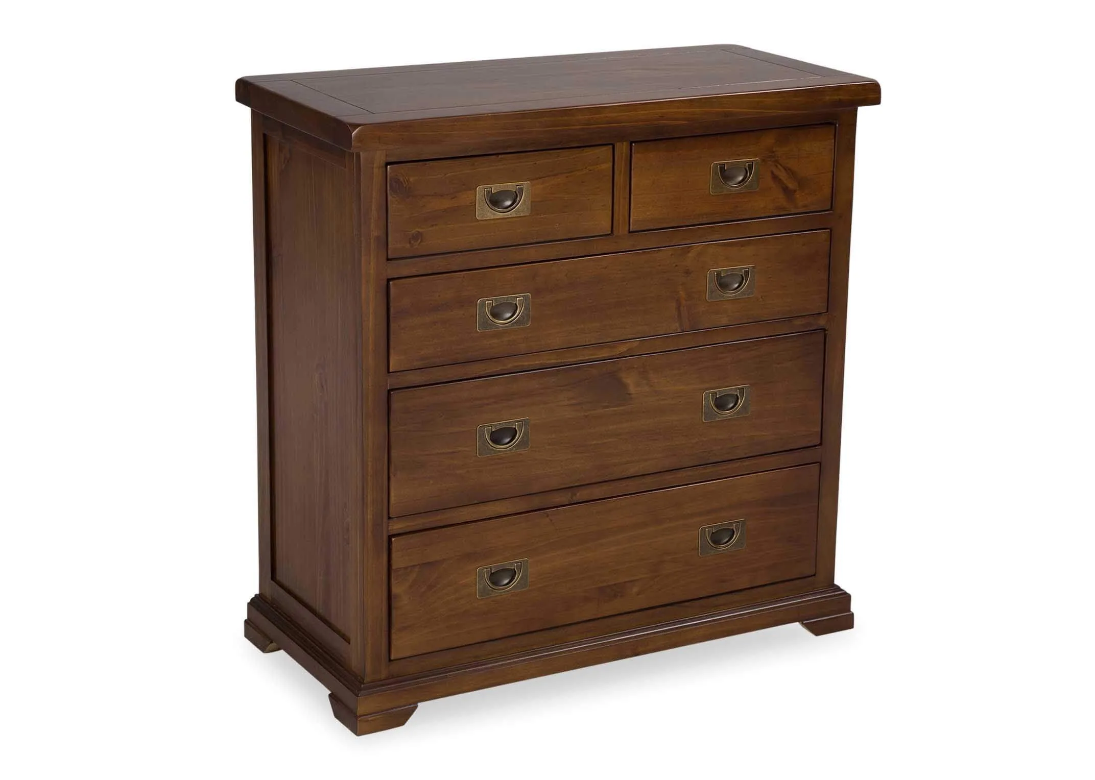 Angled shot of five drawer dark solid wood classic chest Aisling