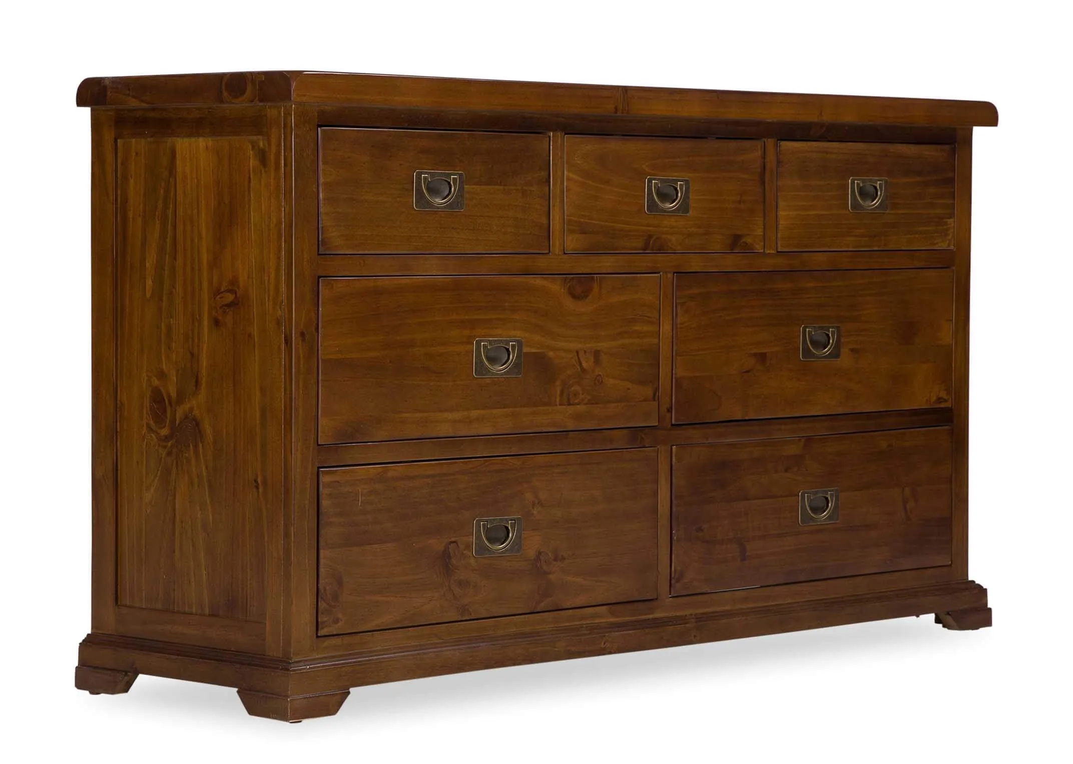 View of front and side of seven-drawer dark solid wood classic chest Aisling