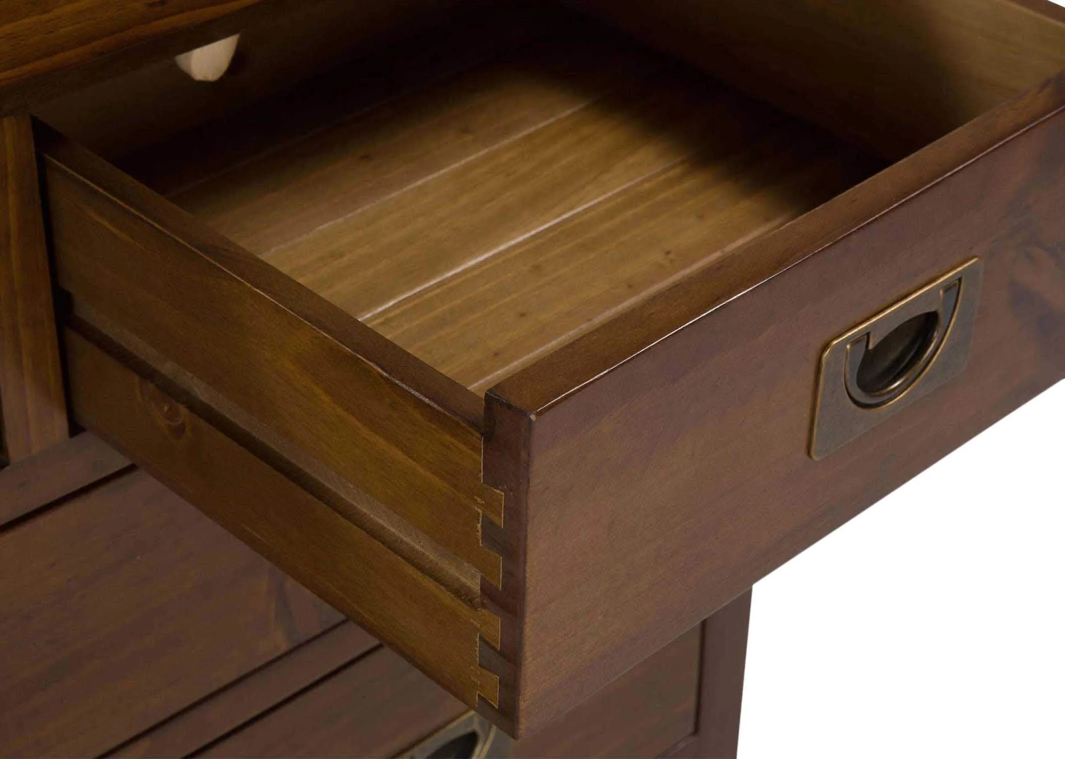 Detailed view of drawer and its interior of seven-drawer dark solid wood classic chest Aisling