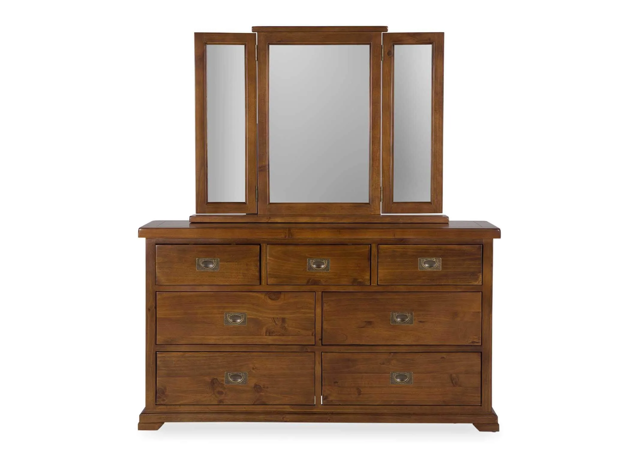 View of seven-drawer dark solid wood classic chest Aisling with mirror on the top
