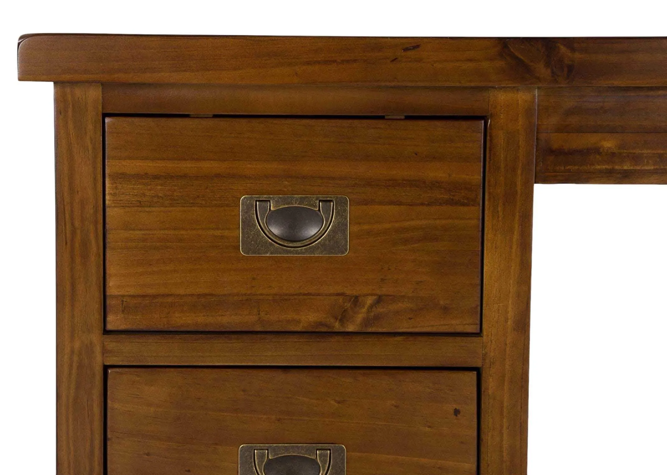 Detailed view of top of three-drawer dark solid wood dressing table and stool Aisling