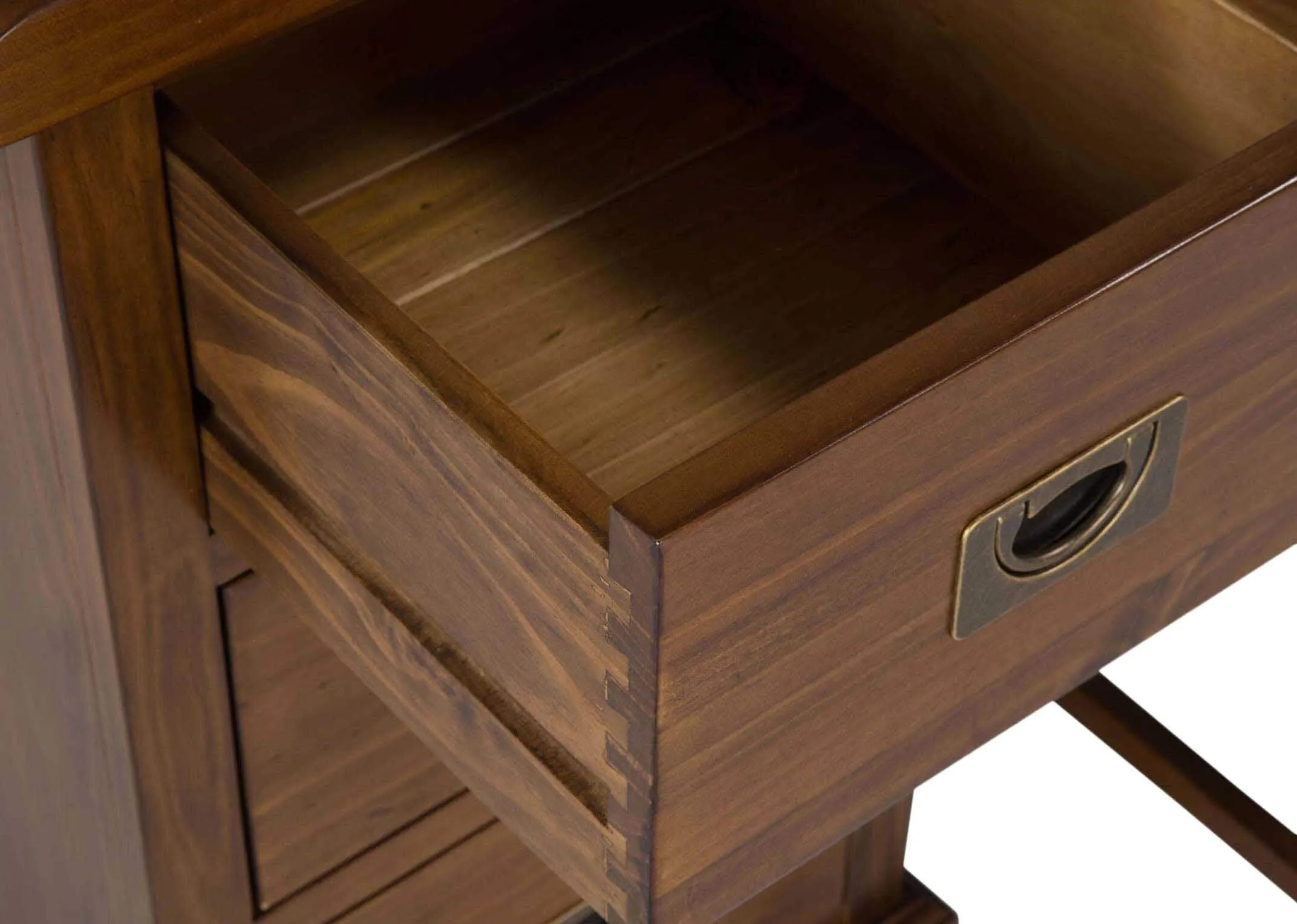 View of front and side of three-drawer dark solid wood dressing table and stool Aisling