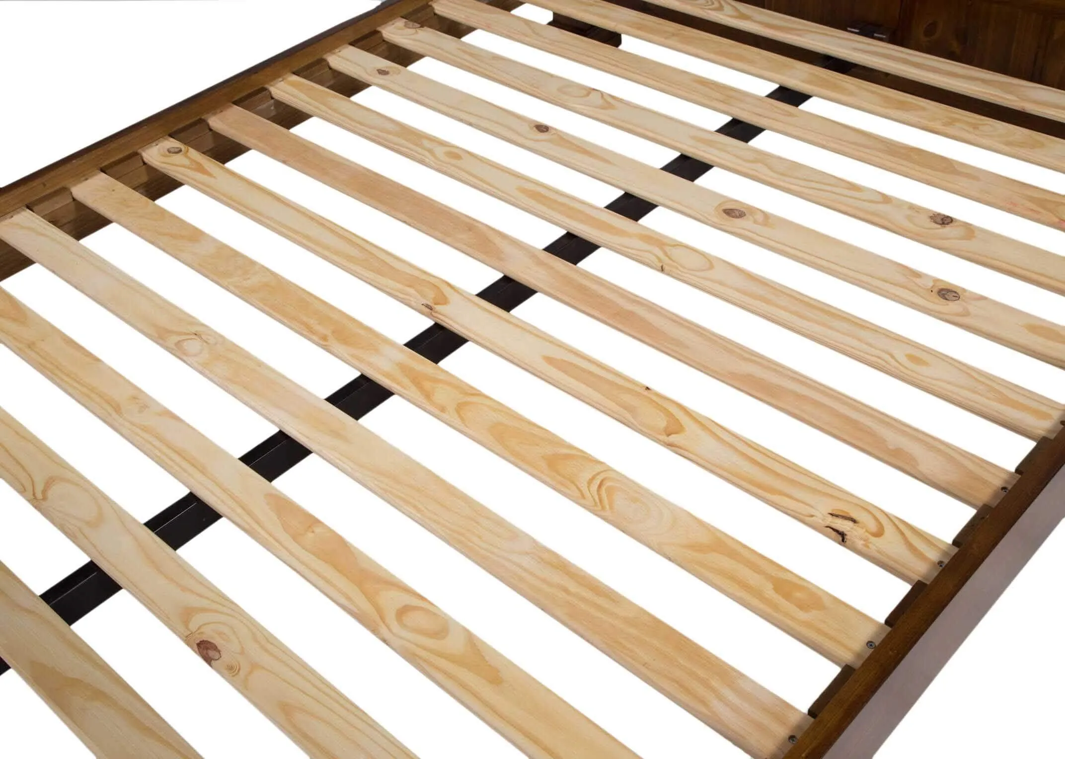 Detailed view of slats of double 4 feet 6 inch solid dark gloss wood bed frame Aisling