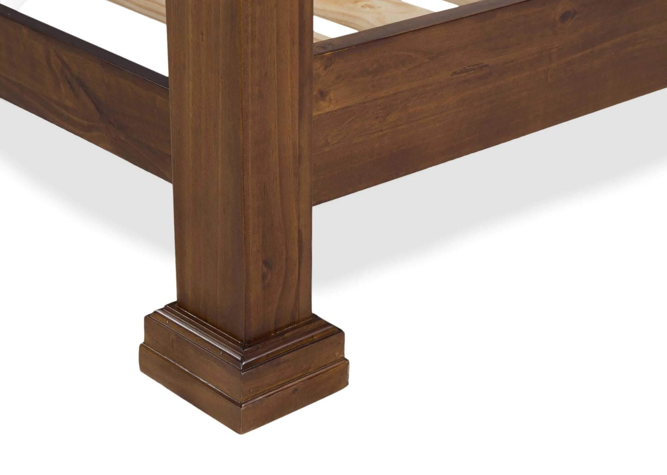 Detailed view of legs of double 4 feet 6 inch solid dark gloss wood bed frame Aisling with mattress