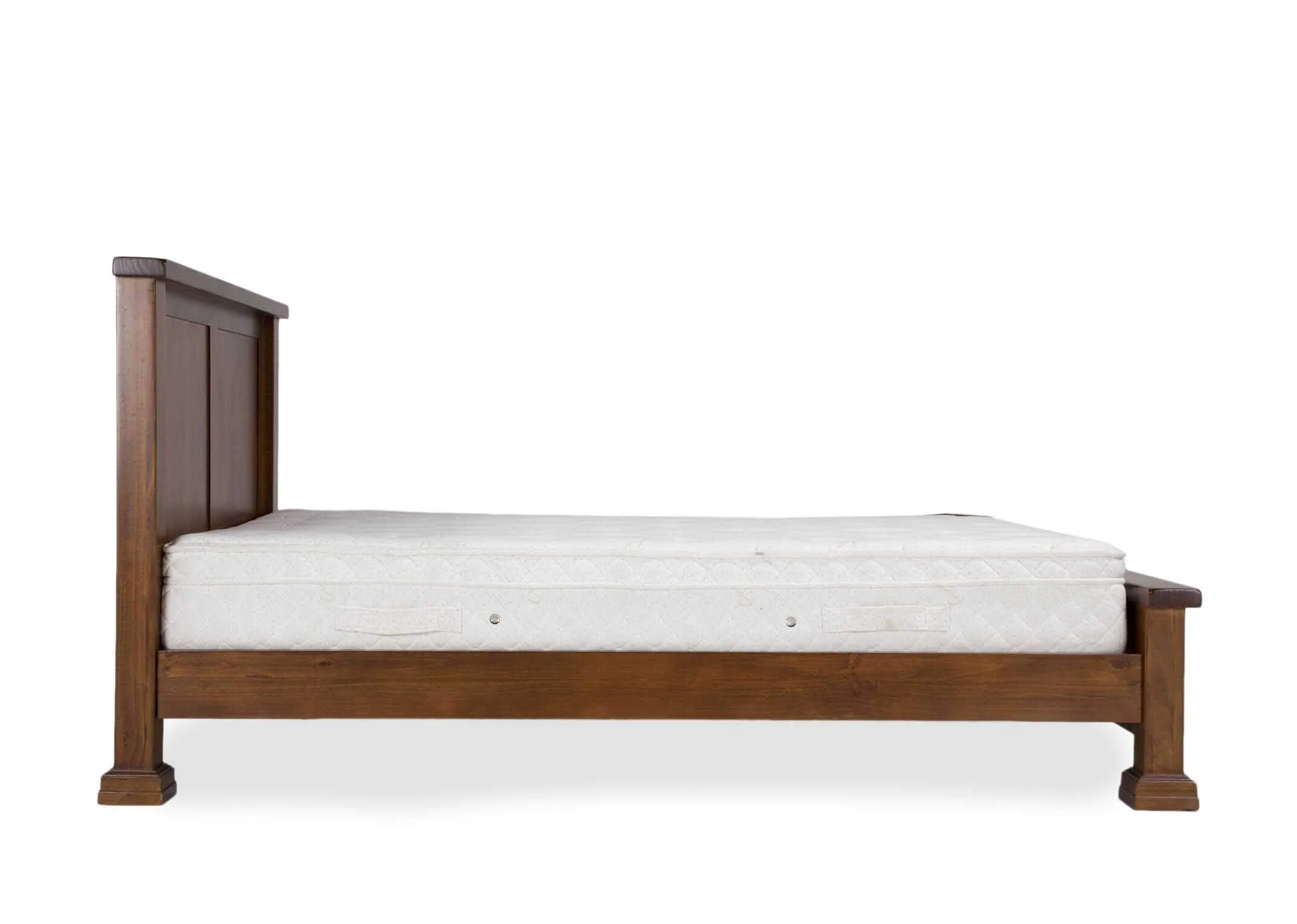 Side view of double 4 feet 6 inch solid dark gloss wood bed frame Aisling with mattress