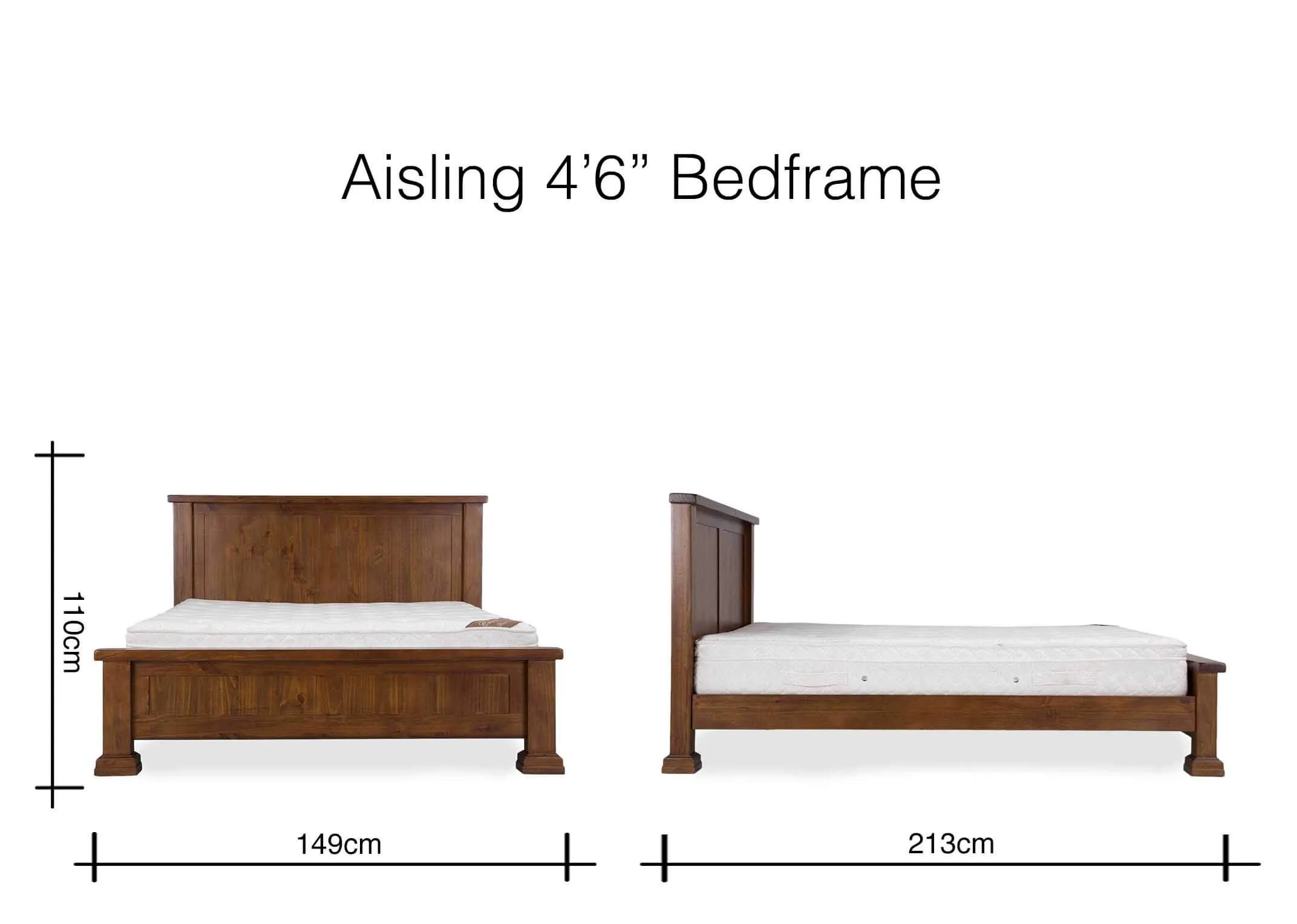 Dimension image of the Aisling 4 foot 6 inch bed frame 110cm (Height) x 149cm (Width) x 213cm (Depth)
