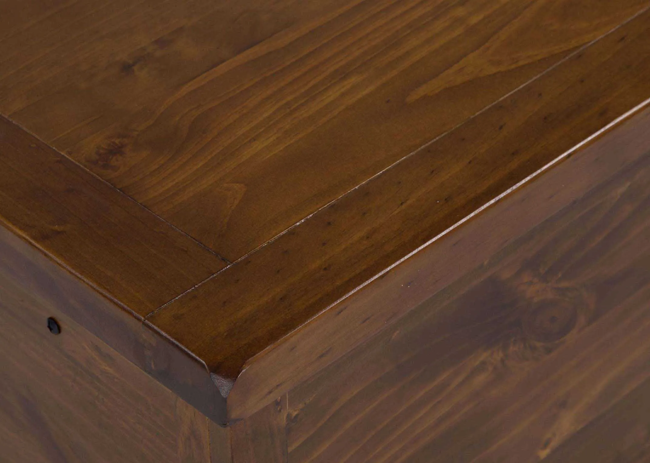 Detailed view of top of solid dark gloss wood large blanket box Aisling