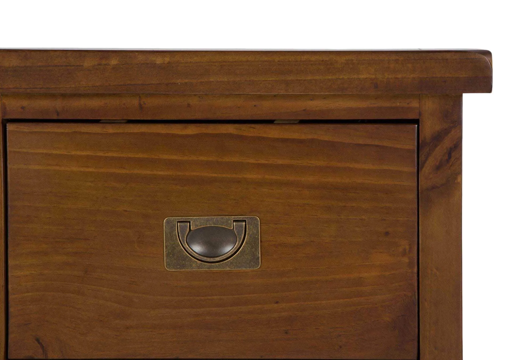 Detailed view of front of solid dark gloss wood two-drawer bedside locker Aisling