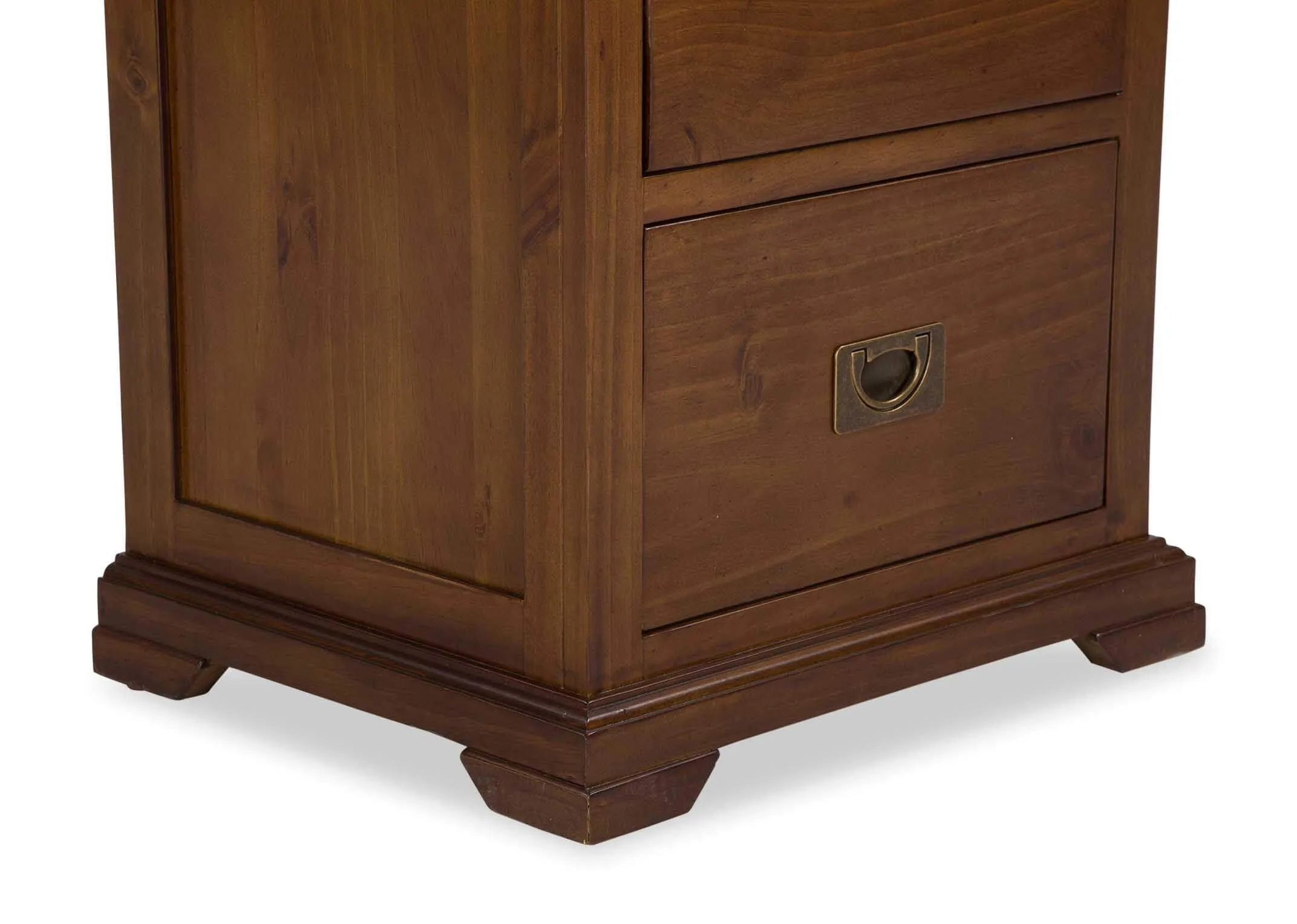 Detailed view of legs of solid dark gloss wood two-drawer bedside locker Aisling
