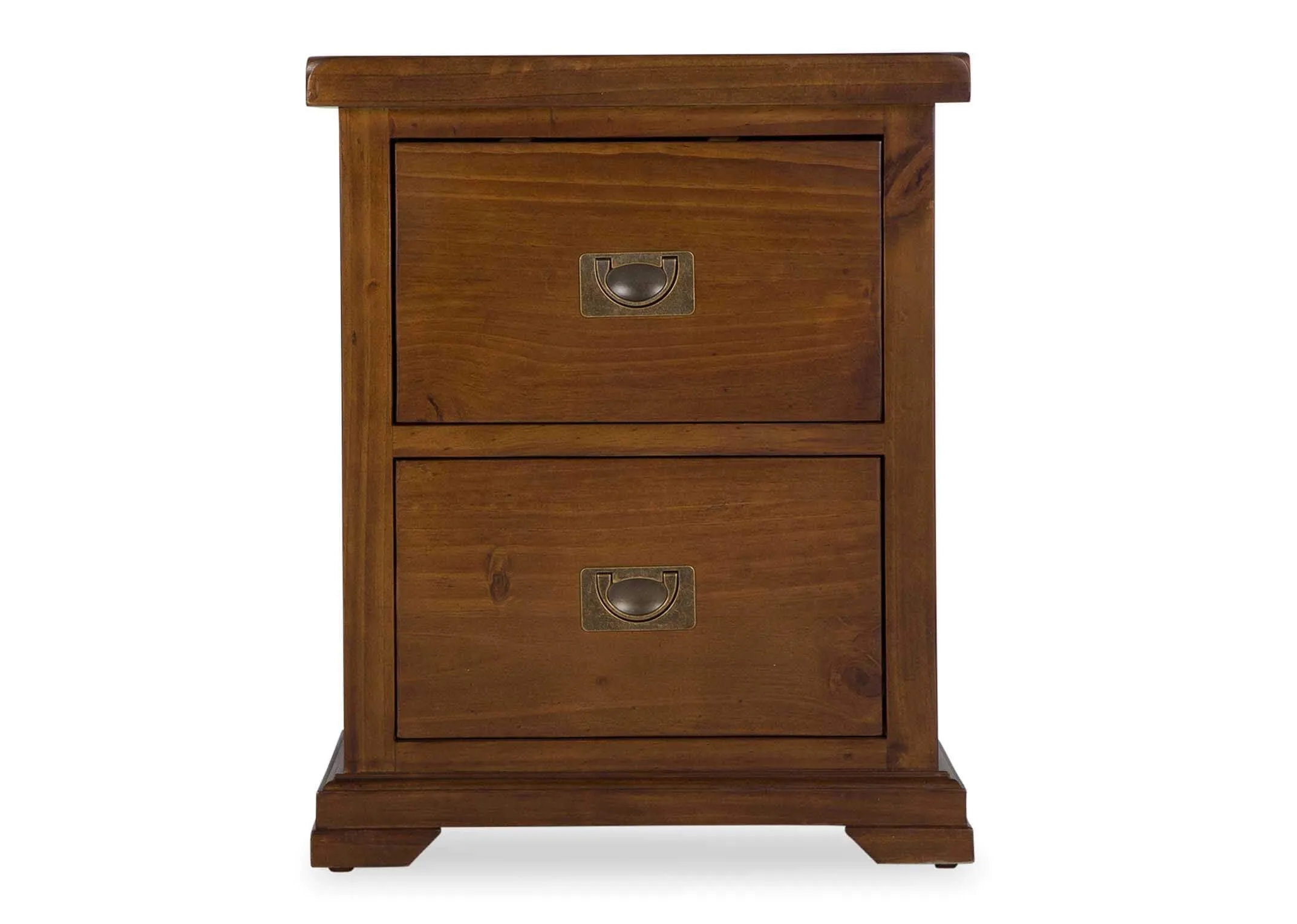 Front view of solid dark gloss wood two-drawer bedside locker Aisling
