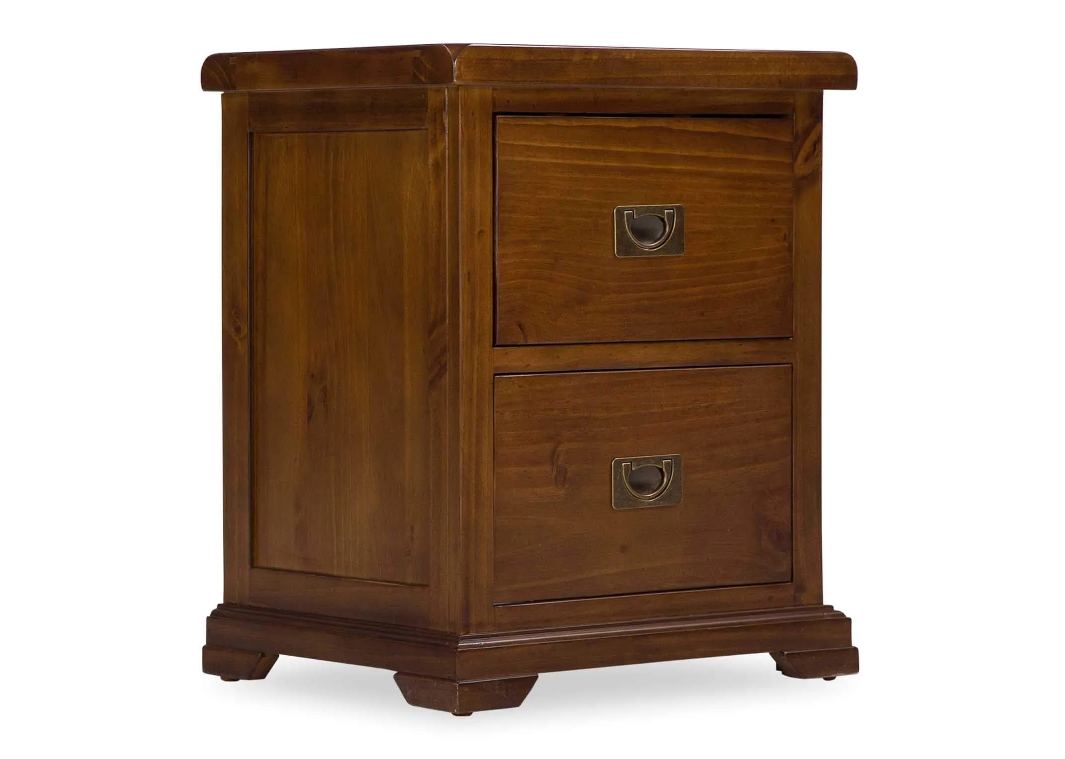 View of front and side of solid dark gloss wood two-drawer bedside locker Aisling