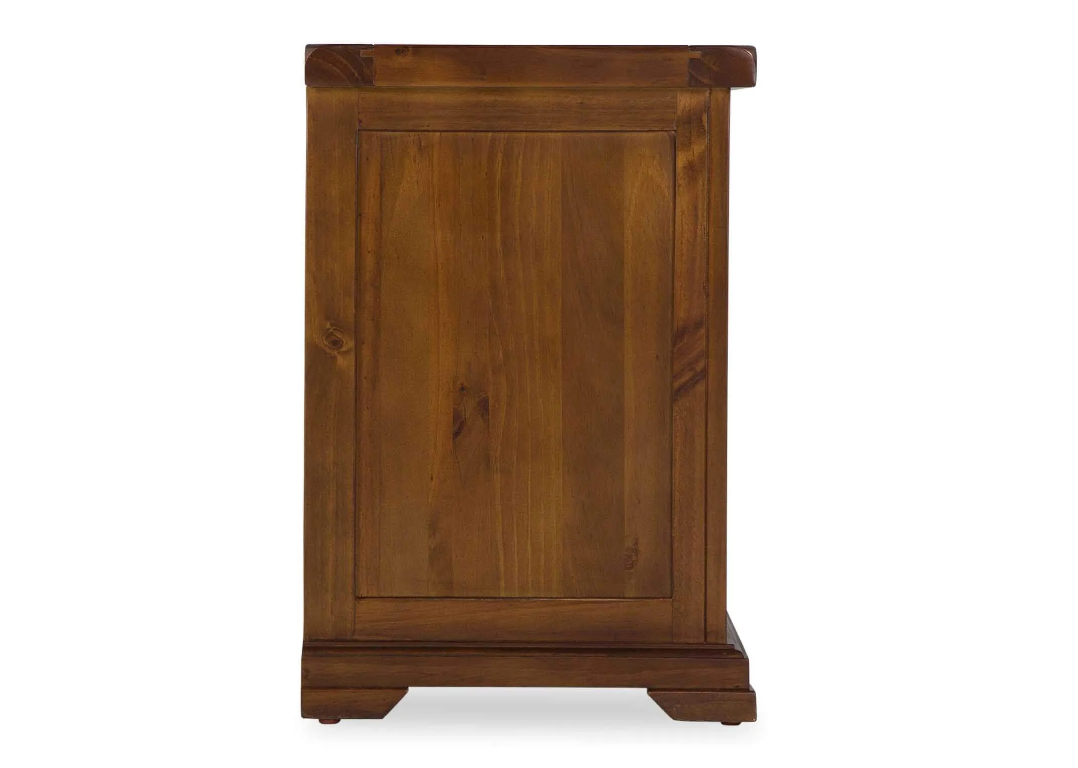 Side view of solid dark gloss wood two-drawer bedside locker Aisling