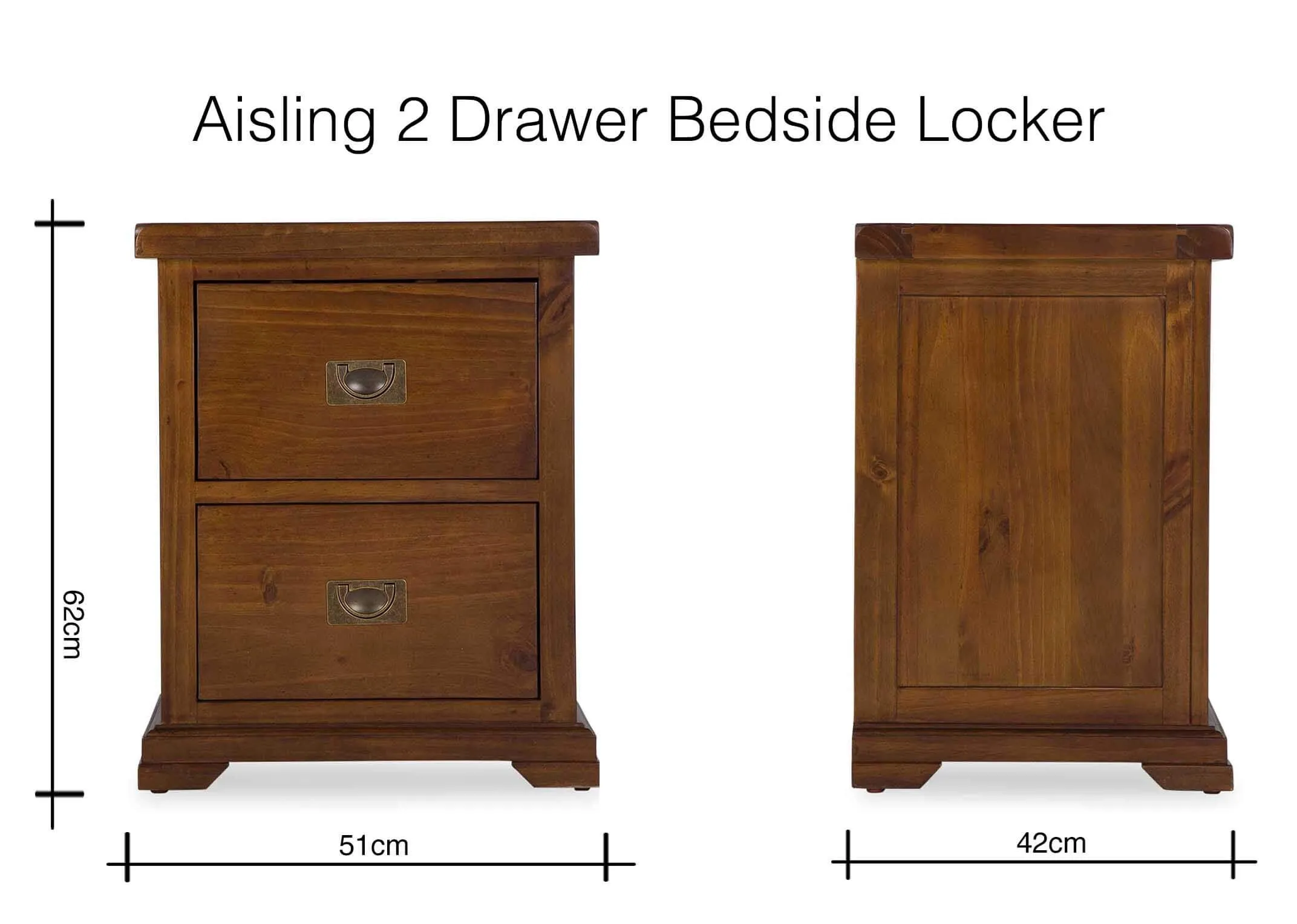 Dimension image of  the Aisling 2 drawer bedside locker 62cm (Height) x 51cm (Width) x 42cm (Depth)
