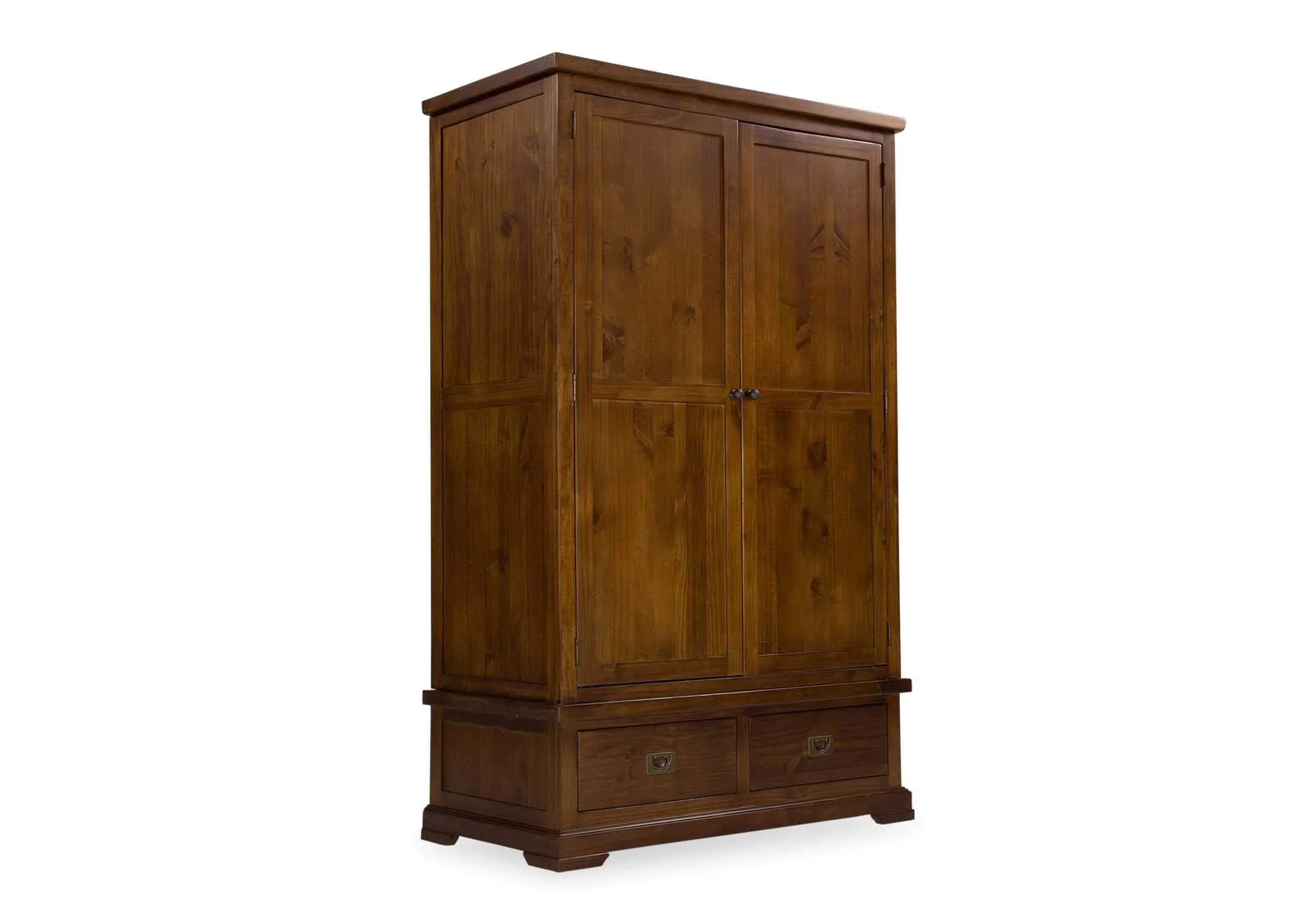 View of front and side of solid dark gloss wood two-door two-drawer wardrobe Aisling