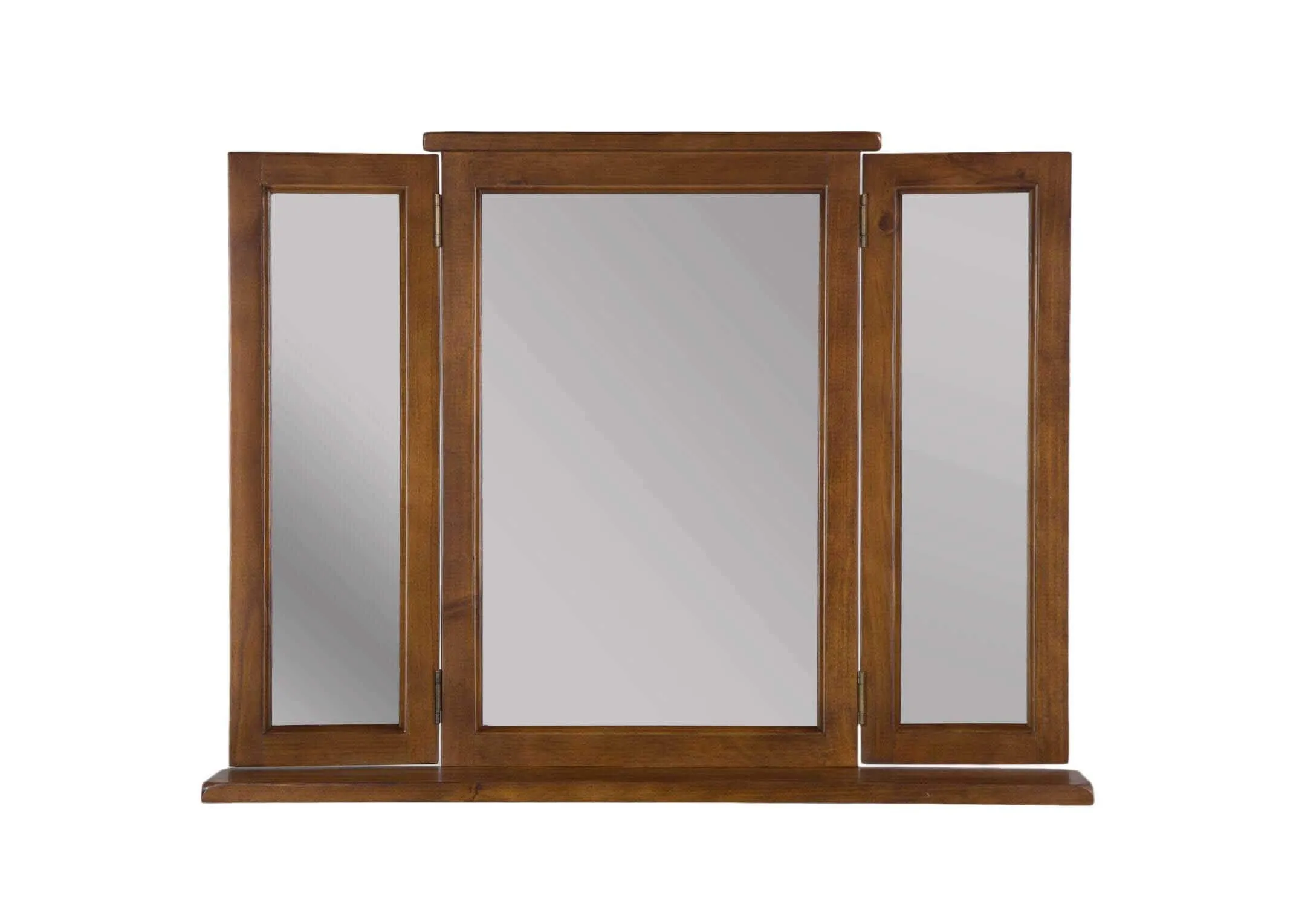 Front view of triple mirror in solid dark gloss wood frame Aisling