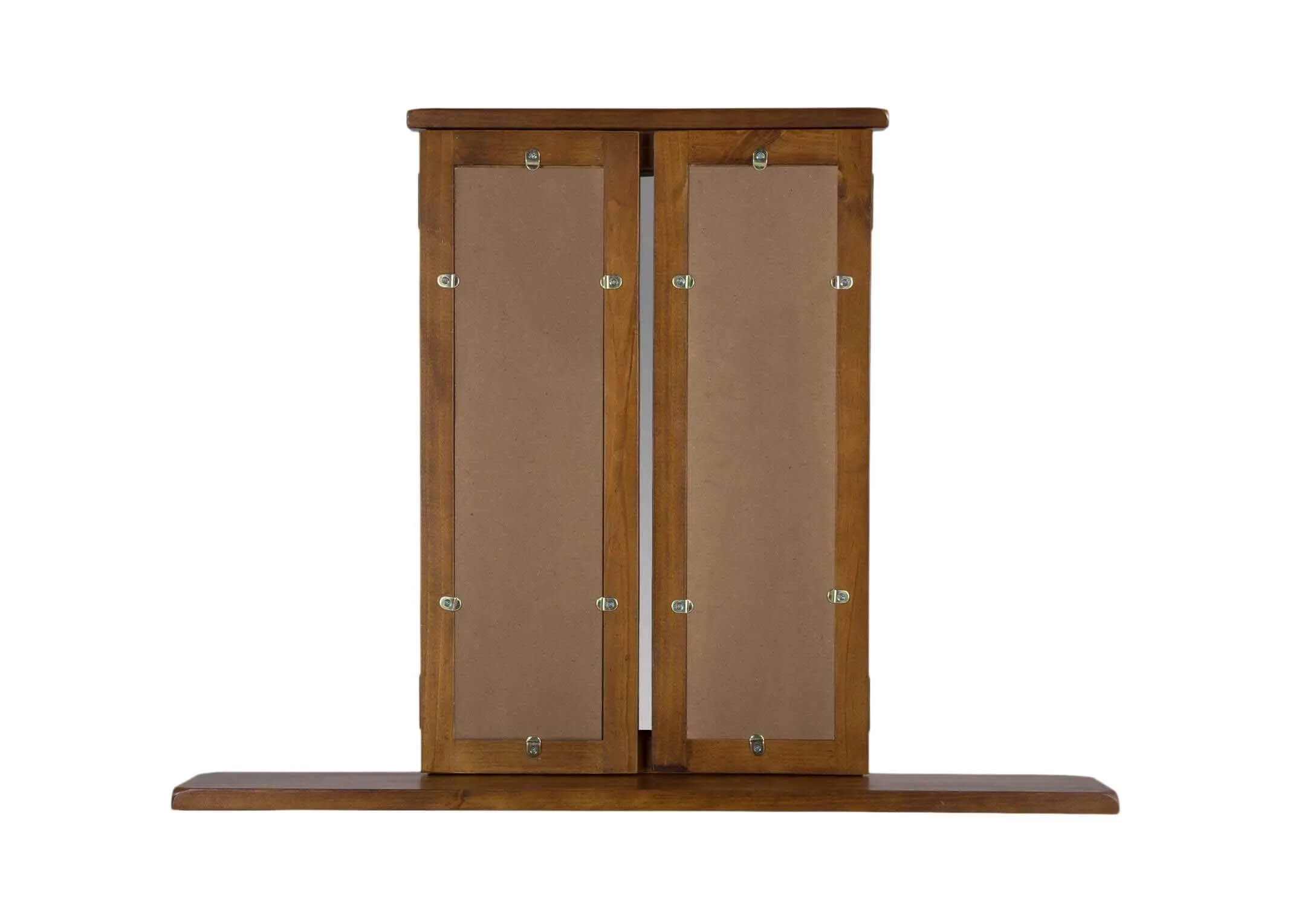 View of triple mirror in solid dark gloss wood frame Aisling when closed