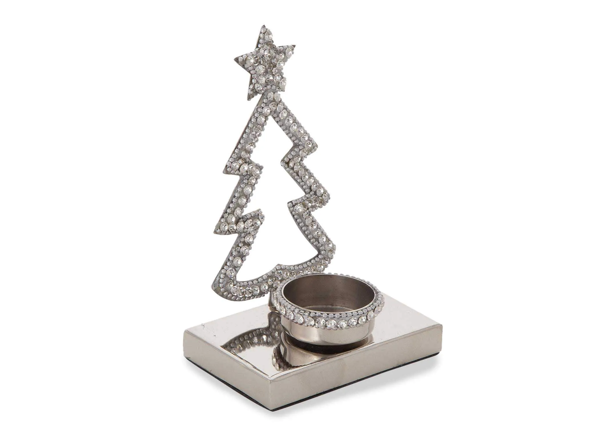 A power shot of silver christmas tree light holder highlighting the candle stand in front of the tree.
