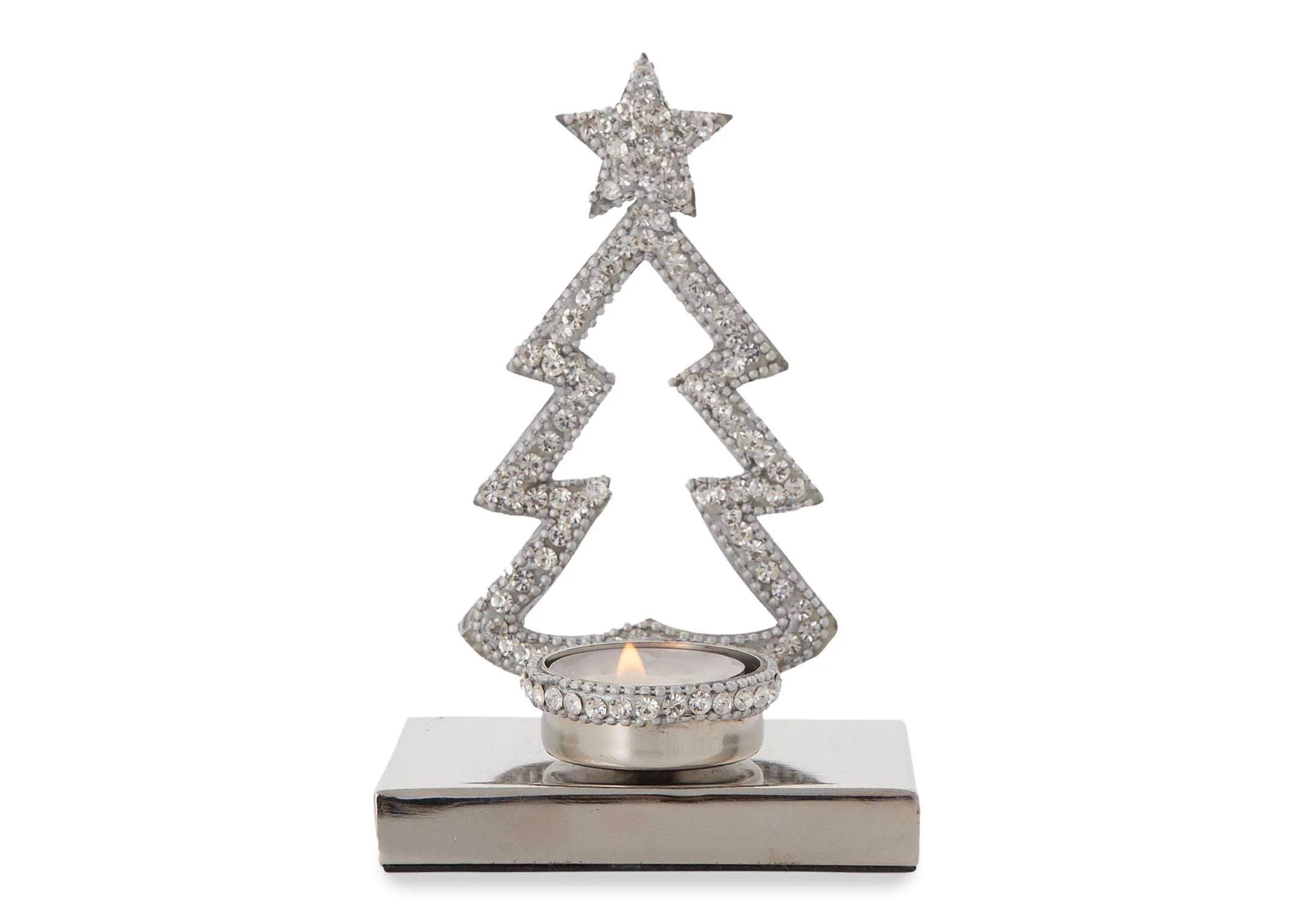 A front view of the silver christmas tree light holder highlighting the silver work on the piece with the candle lit in stand