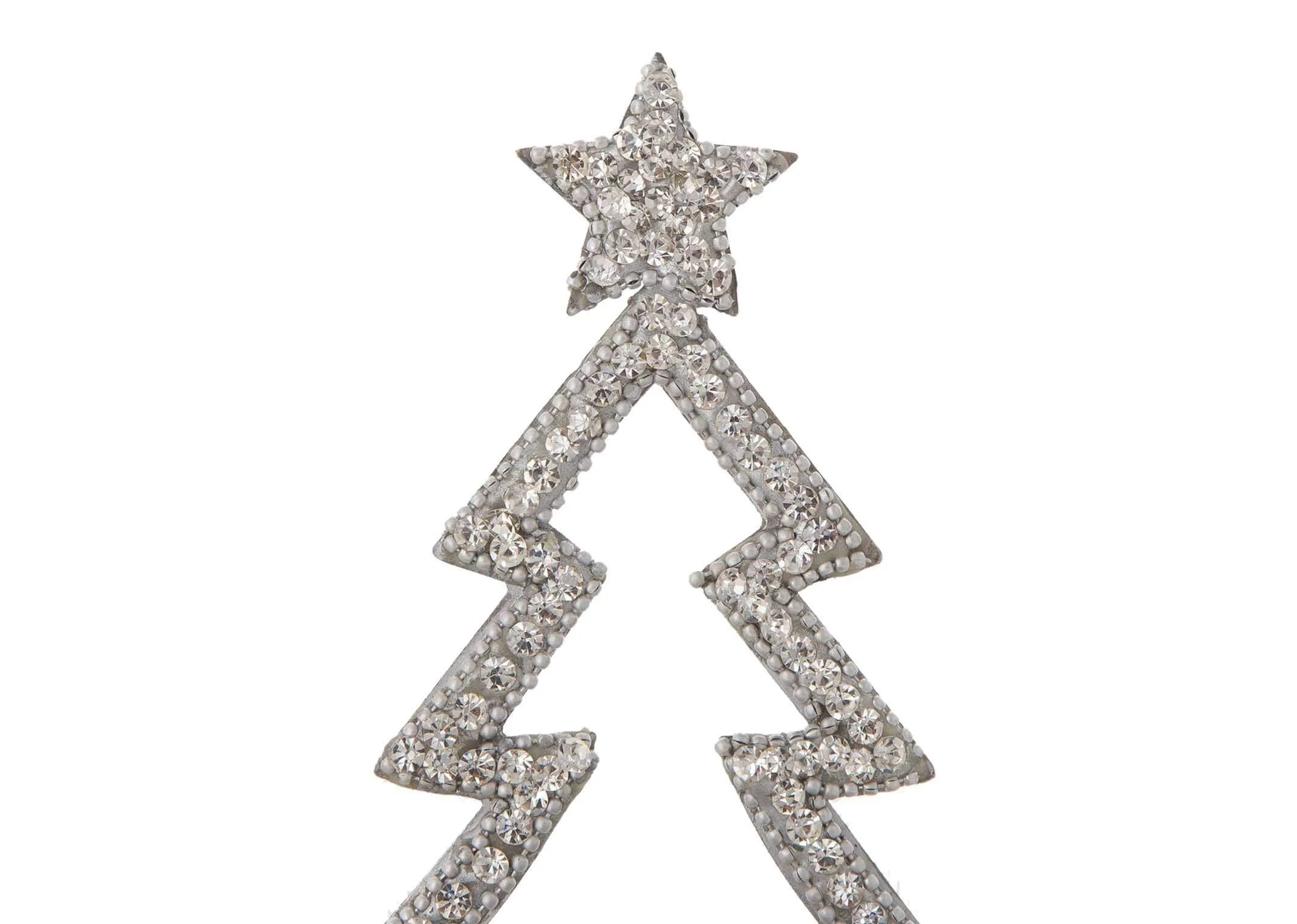 A top view of the silver christmas tree light holder highlighting the silver studded star on the top of the piece.