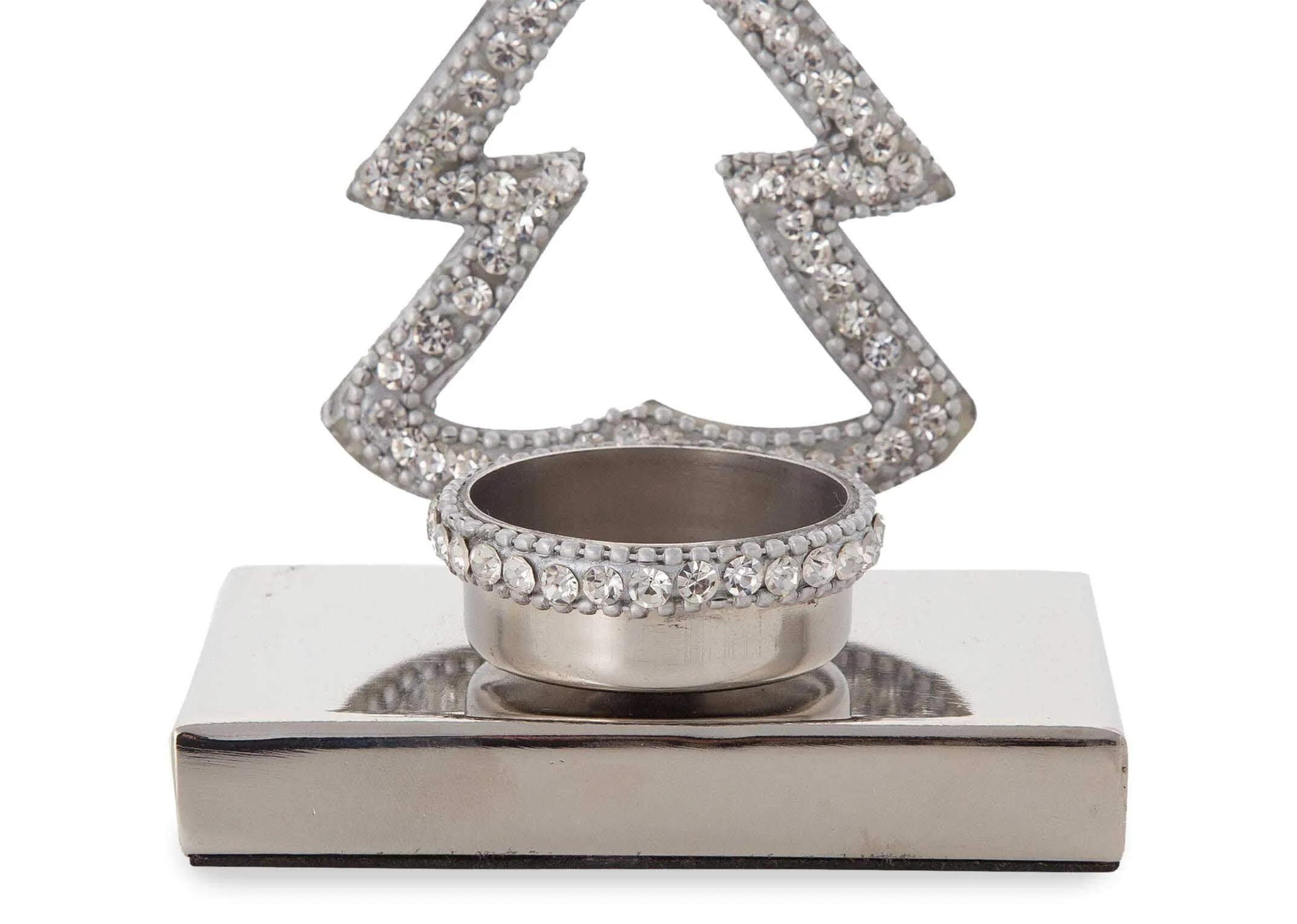 A bottom view of silver christmas tree light holder highlighting the candle stand present at the bottom of the piece.