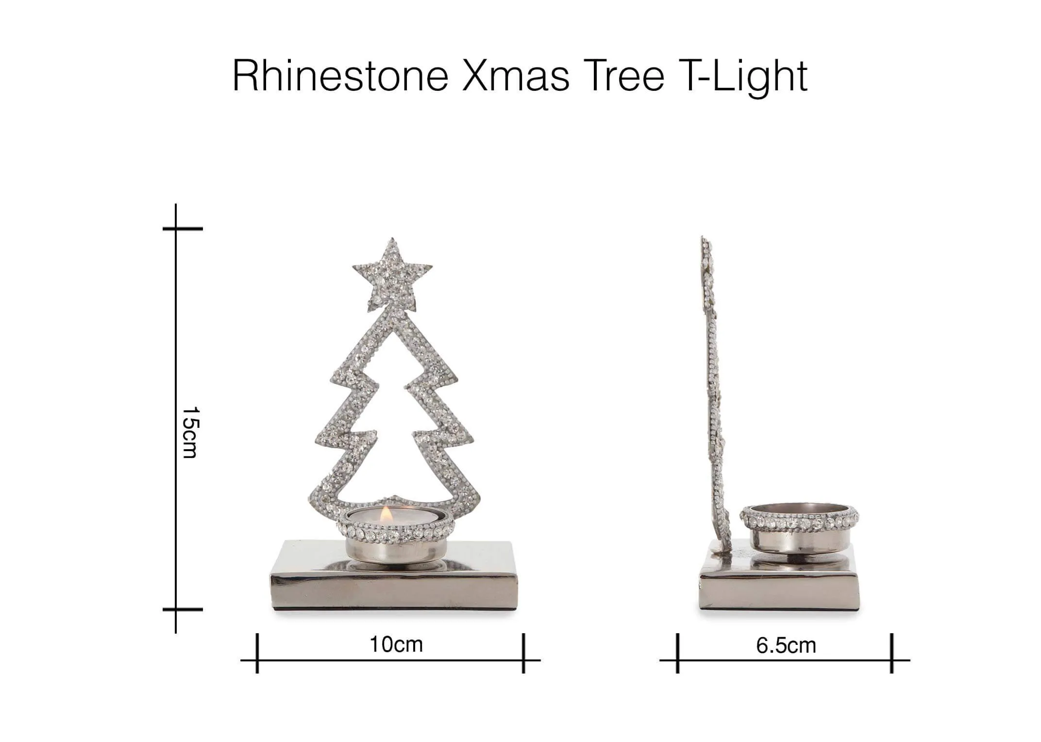 A dimension shot of silver christmas tree light holder with 15 cm (height) x 10 cm (width) x 6.5 cm (Depth).
