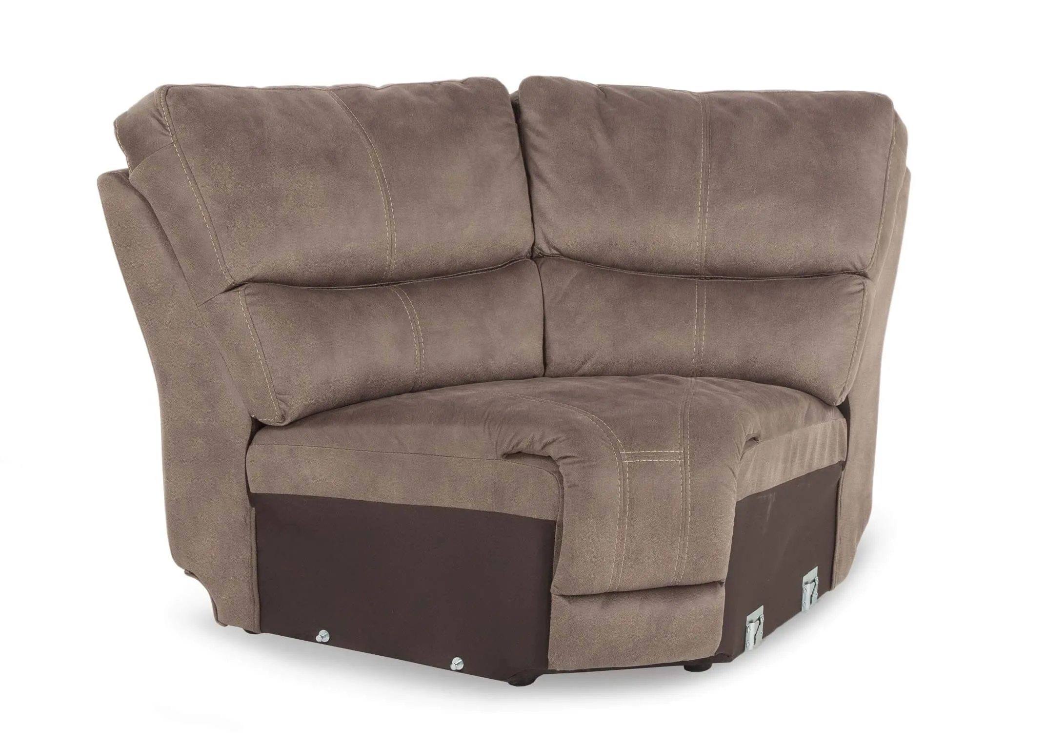 Baxter Taupe Faux Suede Corner Part in a power image showing the curved shape of the sofa unit.