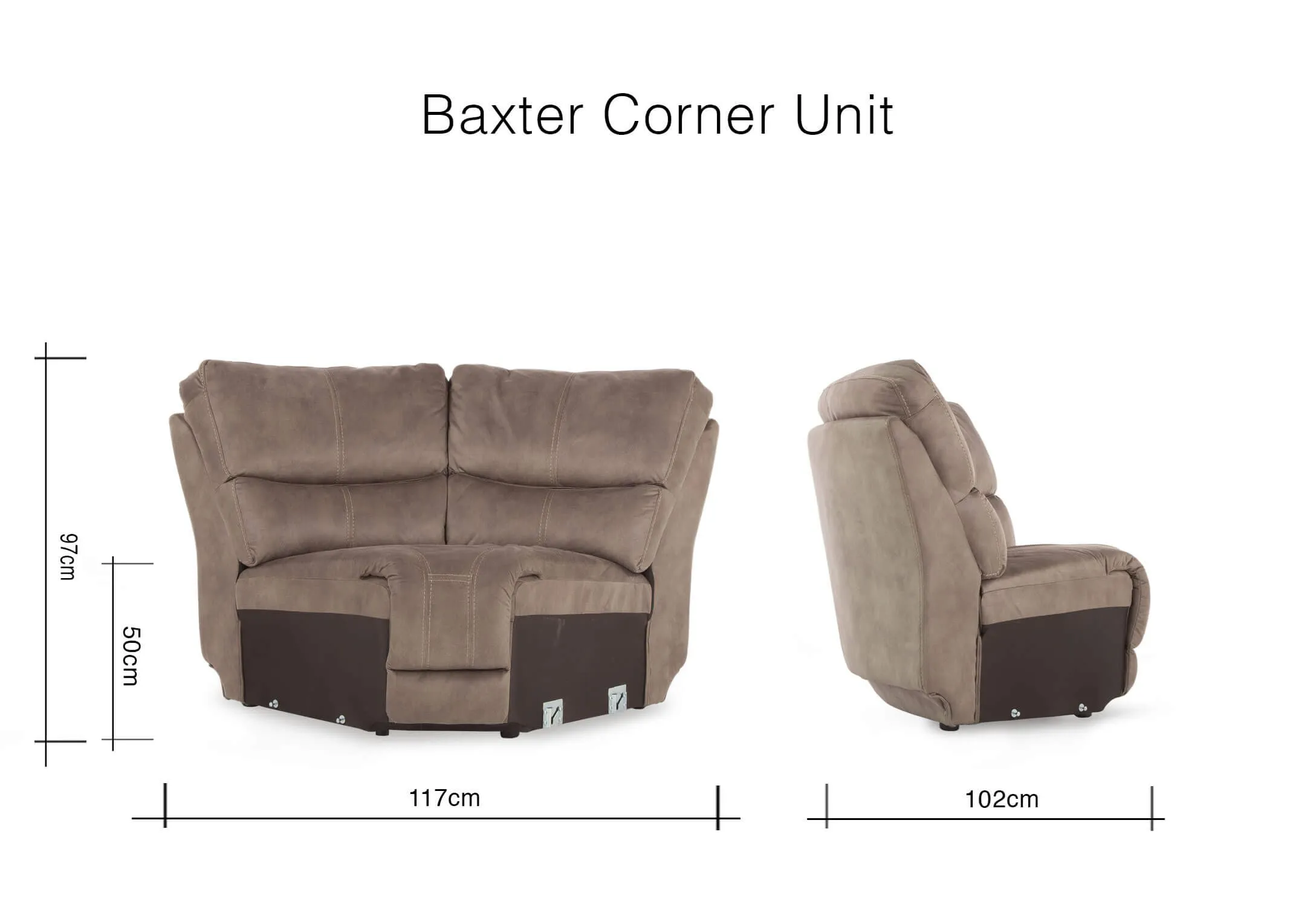 A dimension image of the Baxter Taupe Corner Part with 117cm (Width) x 97cm (Height) x 102cm (Depth) 