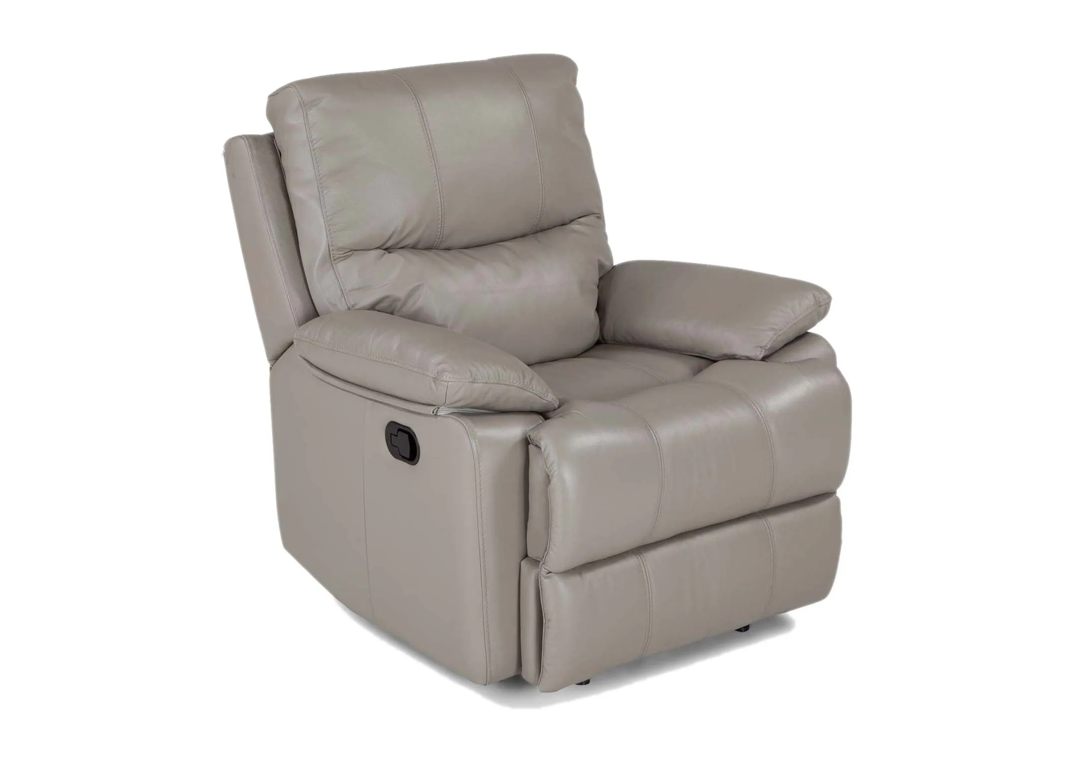 A grey leather power recliner from EZ Living Furnitures Groove range. Angled view of armchair