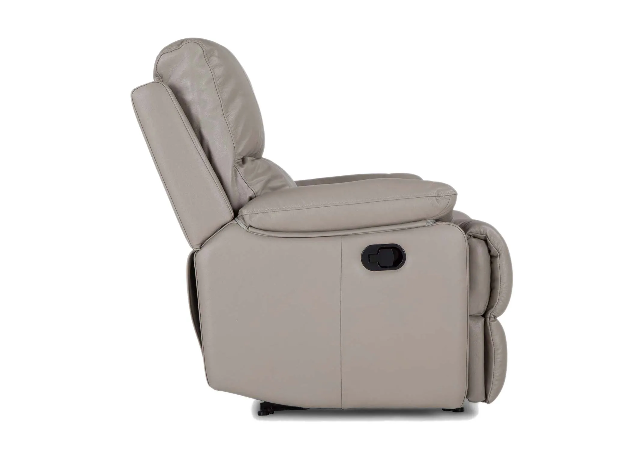 A grey leather power recliner from EZ Living Furnitures Groove range. Side view of armchair unreclined