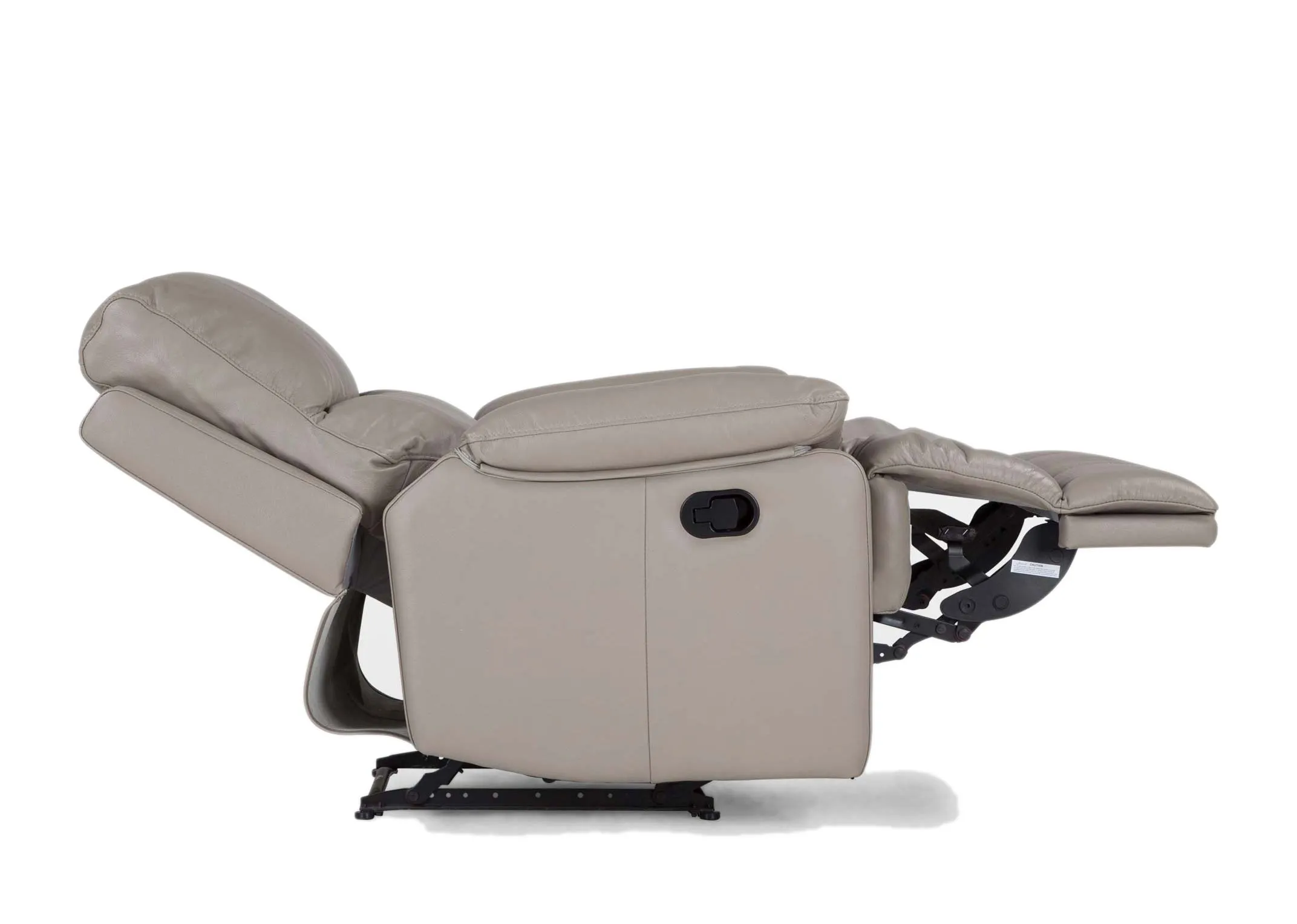 A grey leather power recliner from EZ Living Furnitures Groove range. View of chair in full recline mode