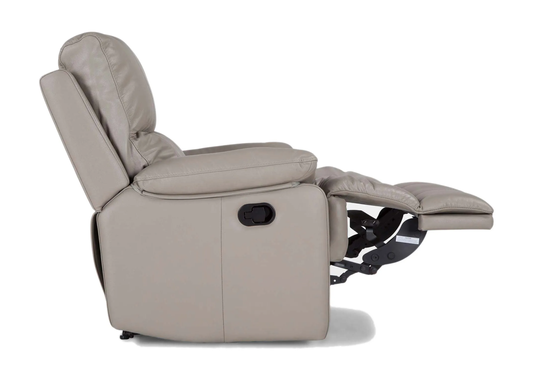 A grey leather power recliner from EZ Living Furnitures Groove range. View of chair partially reclined