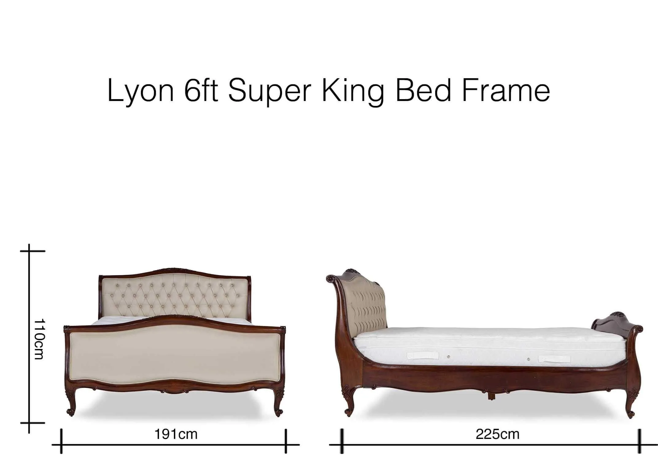 Lyon two-tone super king size 6 ft mahogany wood and cream leather bedframe 110cm (Height) x 191cm (Width) x 225cm (Depth)