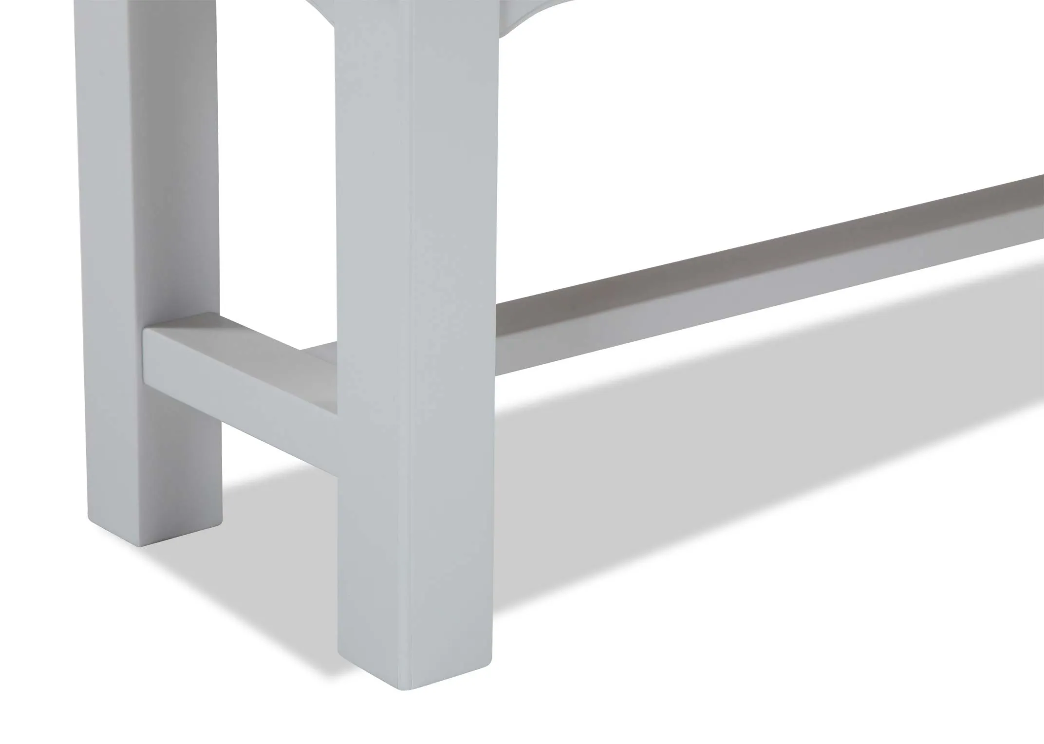 A close up of the legs on the grey Georgia oak bench.