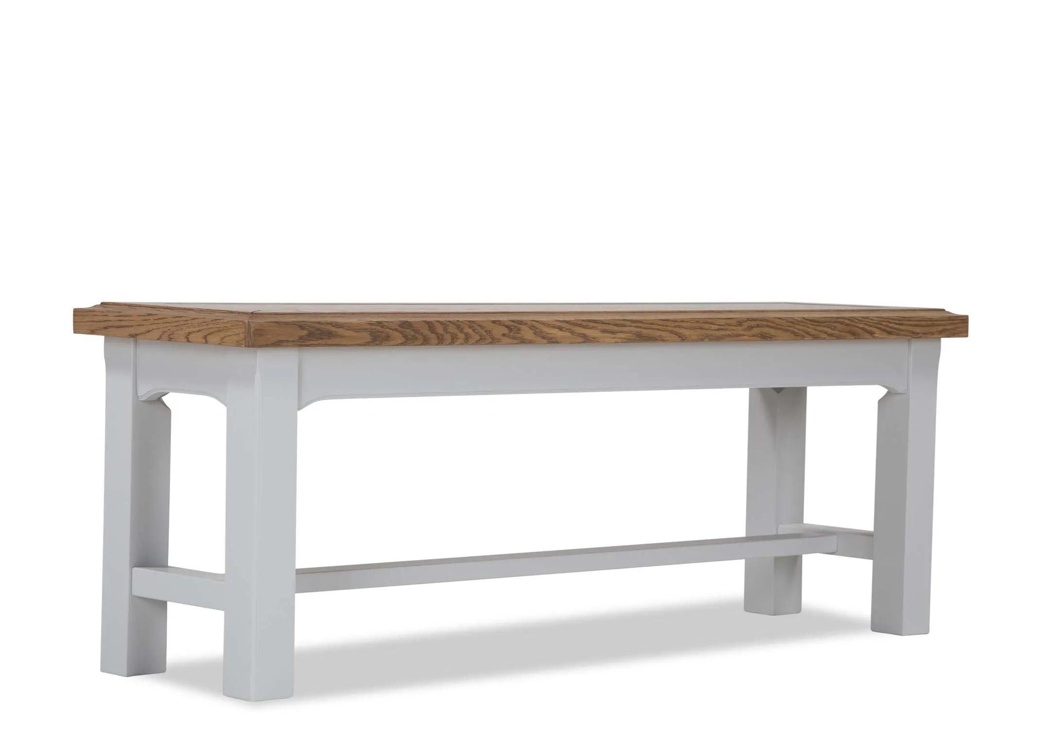 An angled shot looking at the grey Georgia oak bench with natural finish seat.