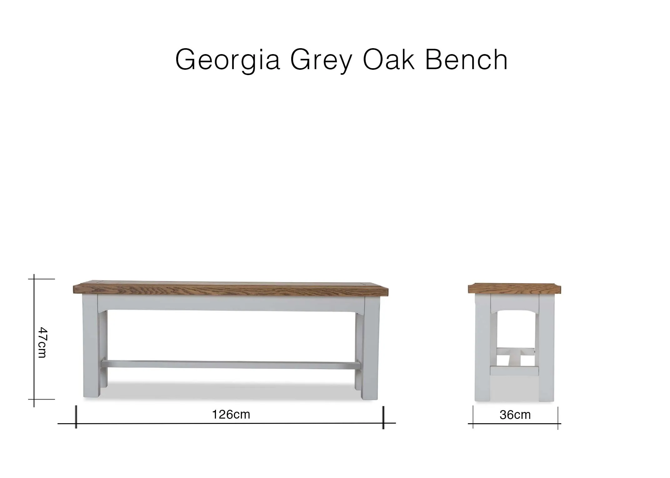 A dimension image for the grey Georgia oak bench 47cm (Height) x 126cm (Width) x 36cm (Depth)