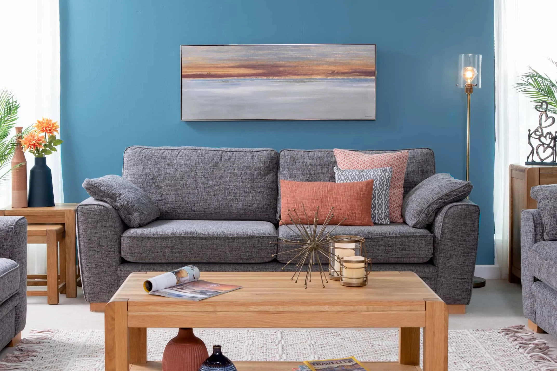 A lifestyle image of the Baltimore Sofa with Leanne Bronze Floor lamp