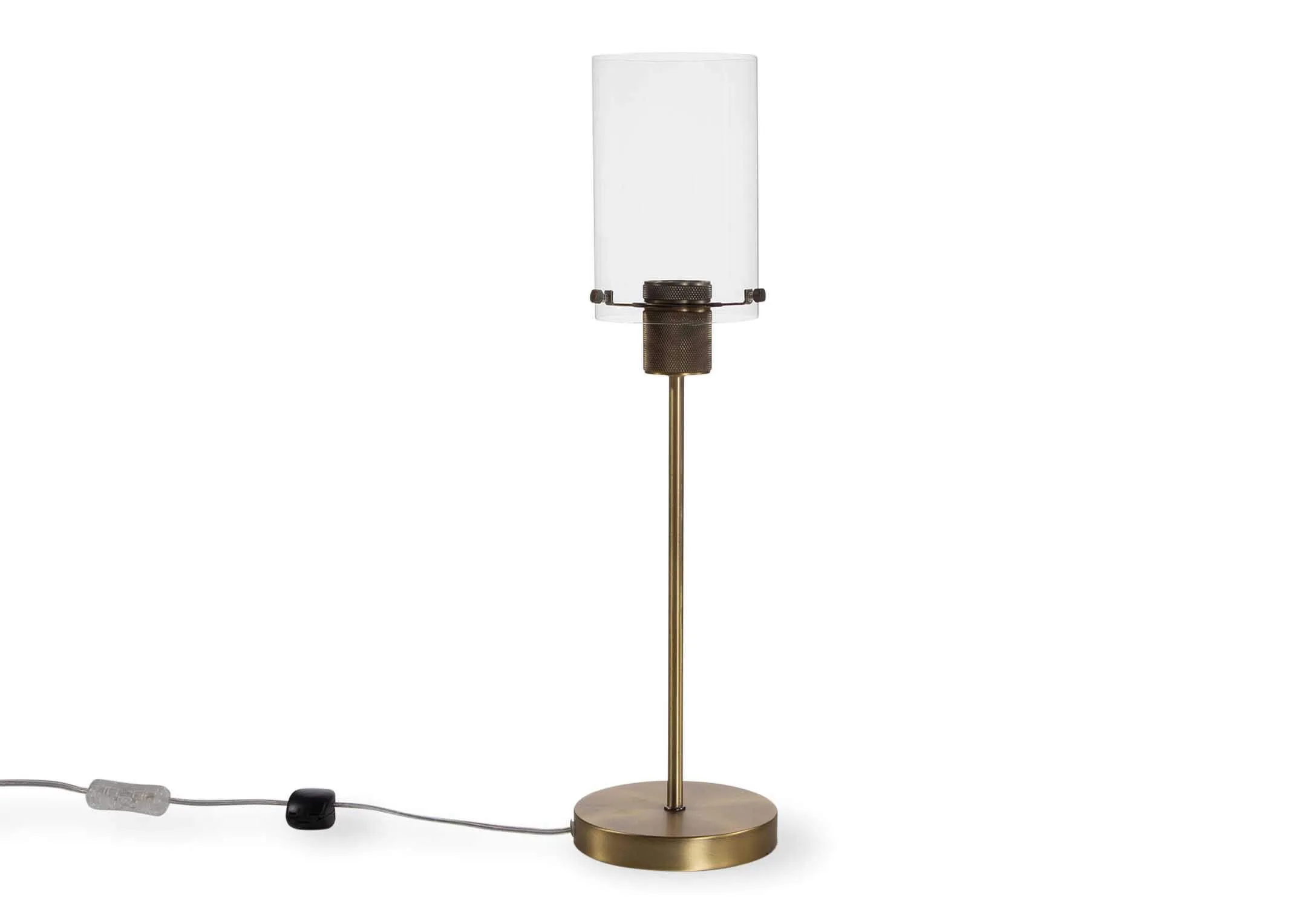 Full front view of the Karina free-standing table lamp which features an elegant brass base
