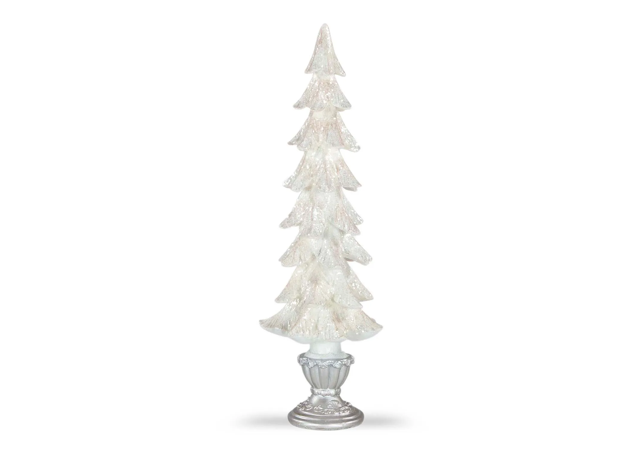 A large white ornamental tree with silver stand from EZ Livings Christmas range.