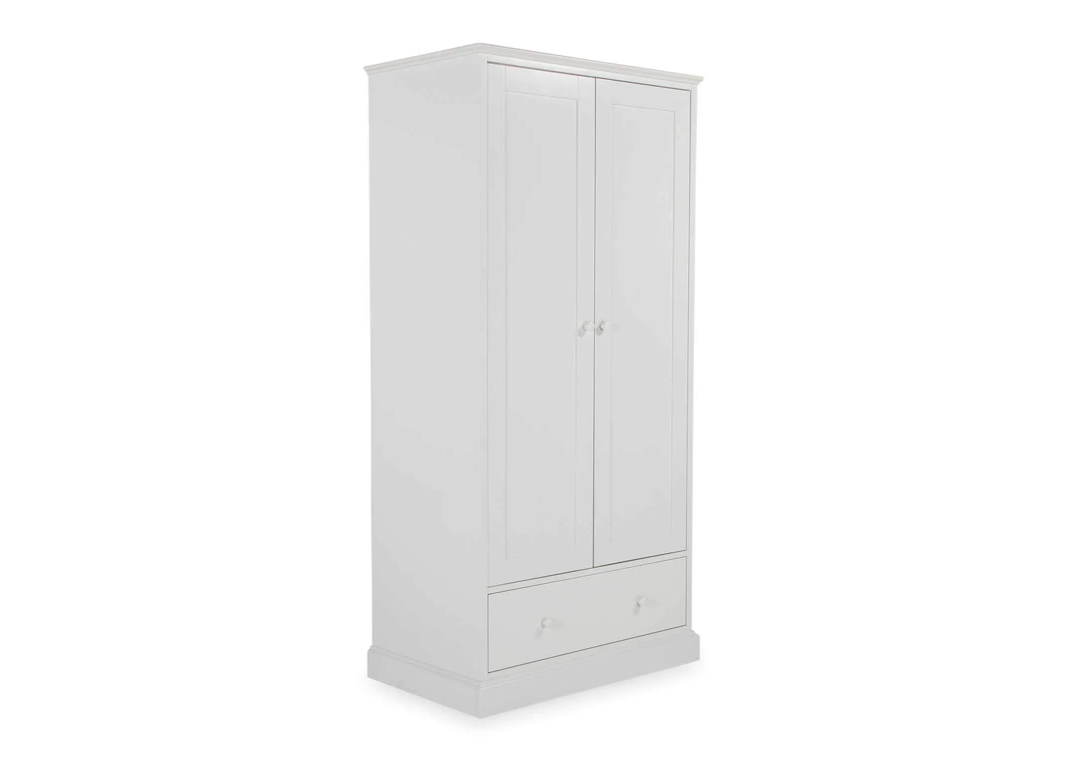 Detailed close-up view of the top corner of the Rivendale 2 door 1 drawer wardrobe made from birch and painted off-white