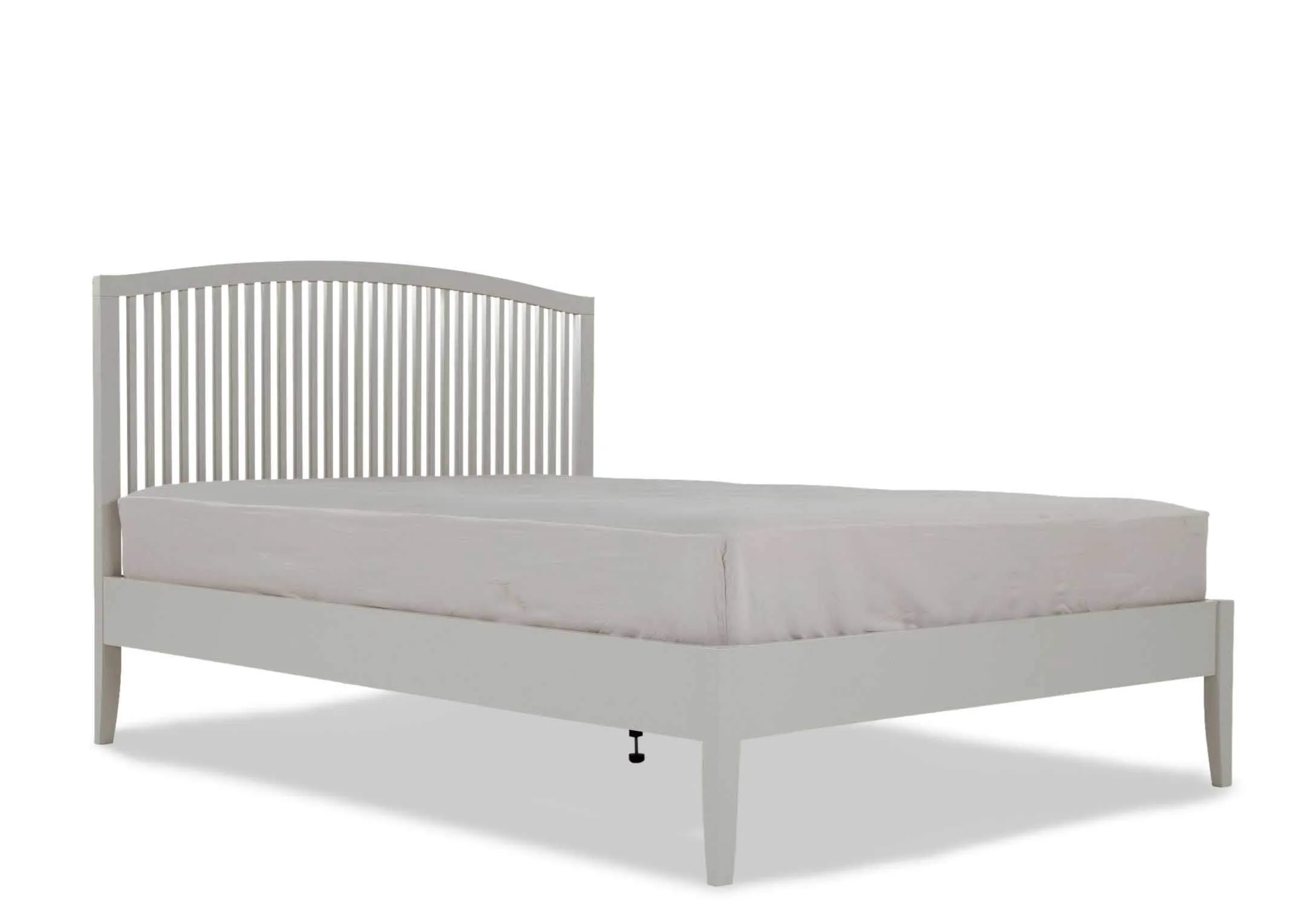 Angled shot of the chic and contemporary Rivendale double 4 ft grey bedframe with 4 legs and a vertically slatted headboard