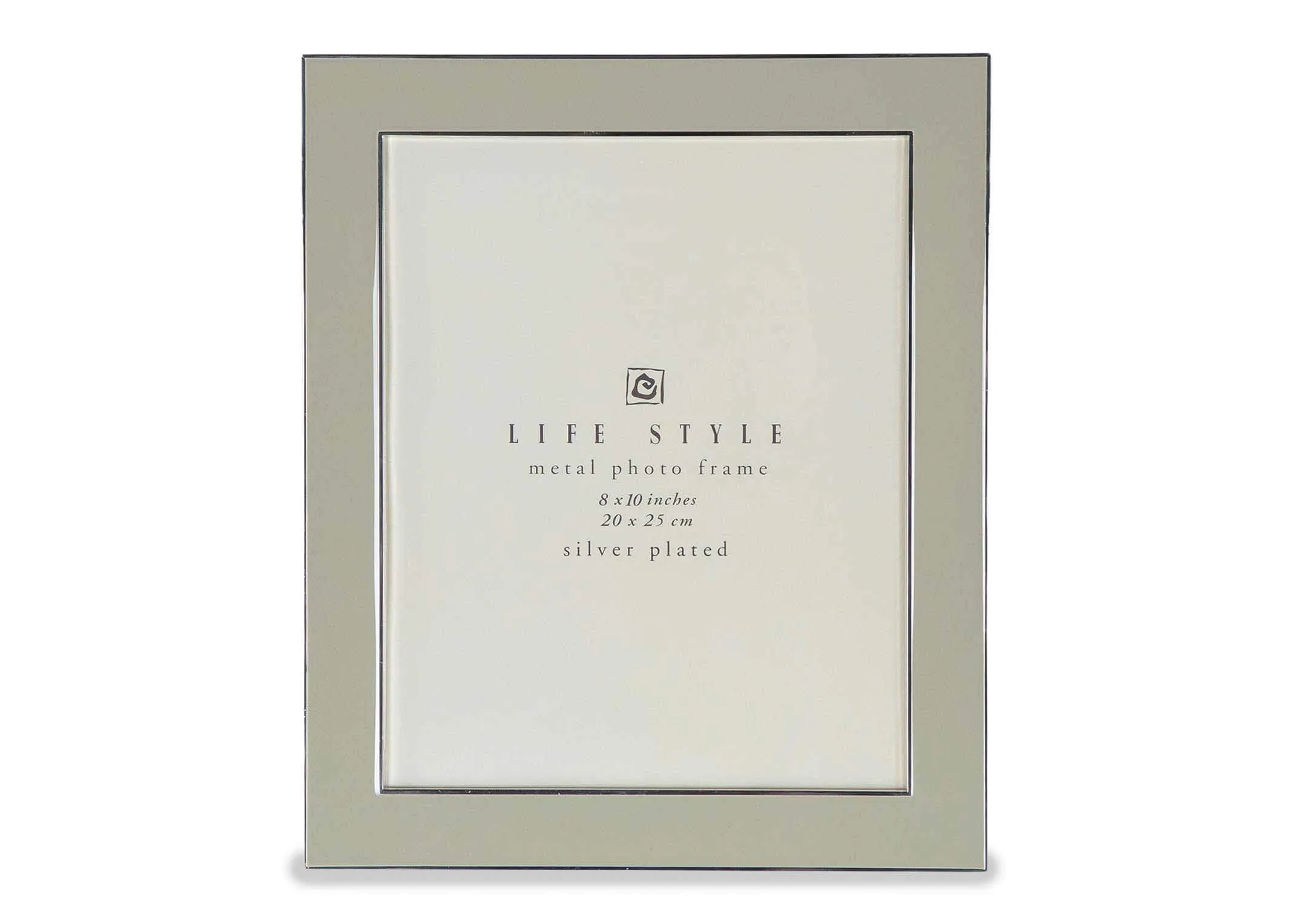 Full front view of the large Freya 8x10 inch rectangular silver and beige photo frame with a silver plated metal border