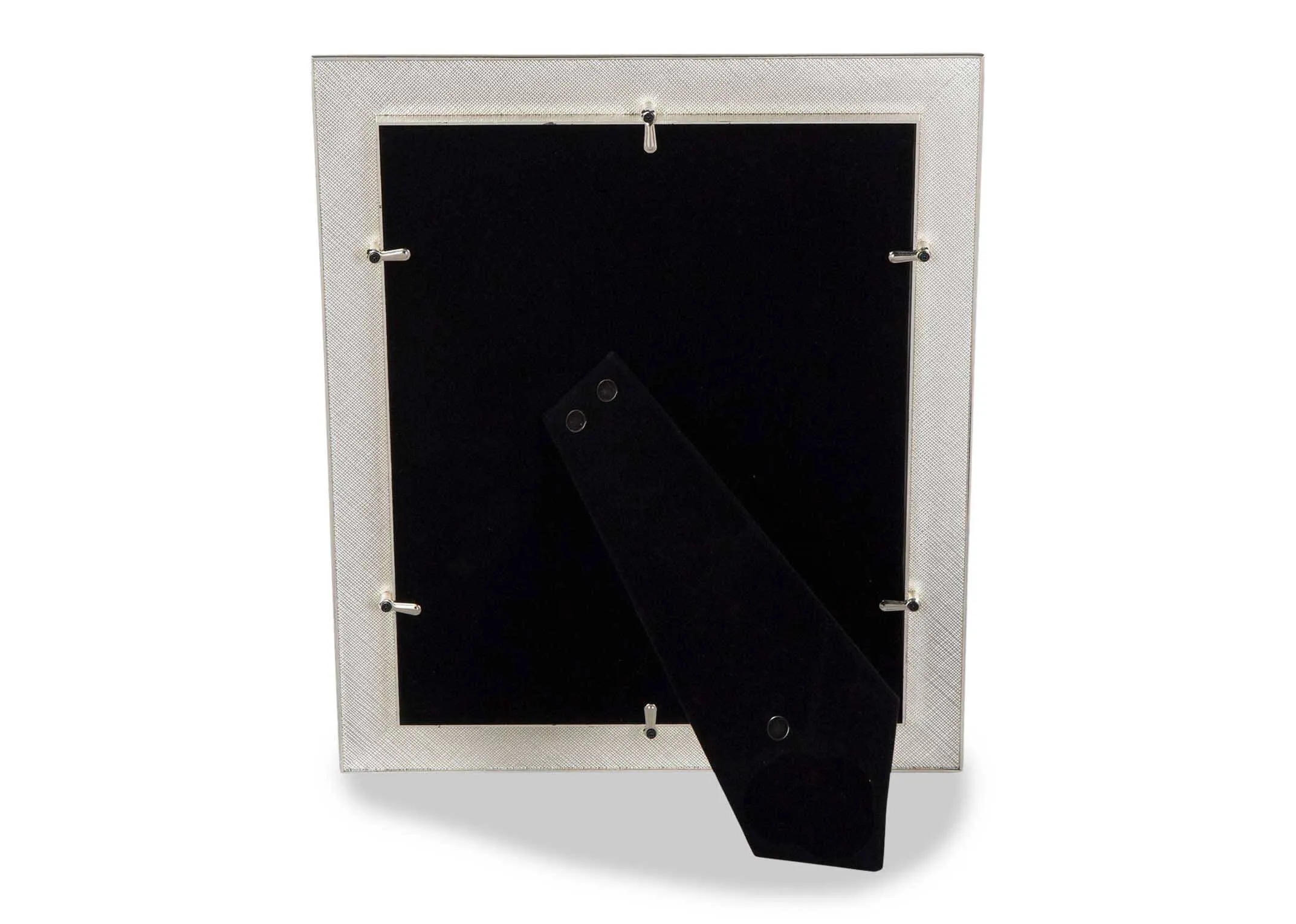Back view of the Freya rectangular 8x10 inch silver and beige photo frame showing the black velour style back and strut